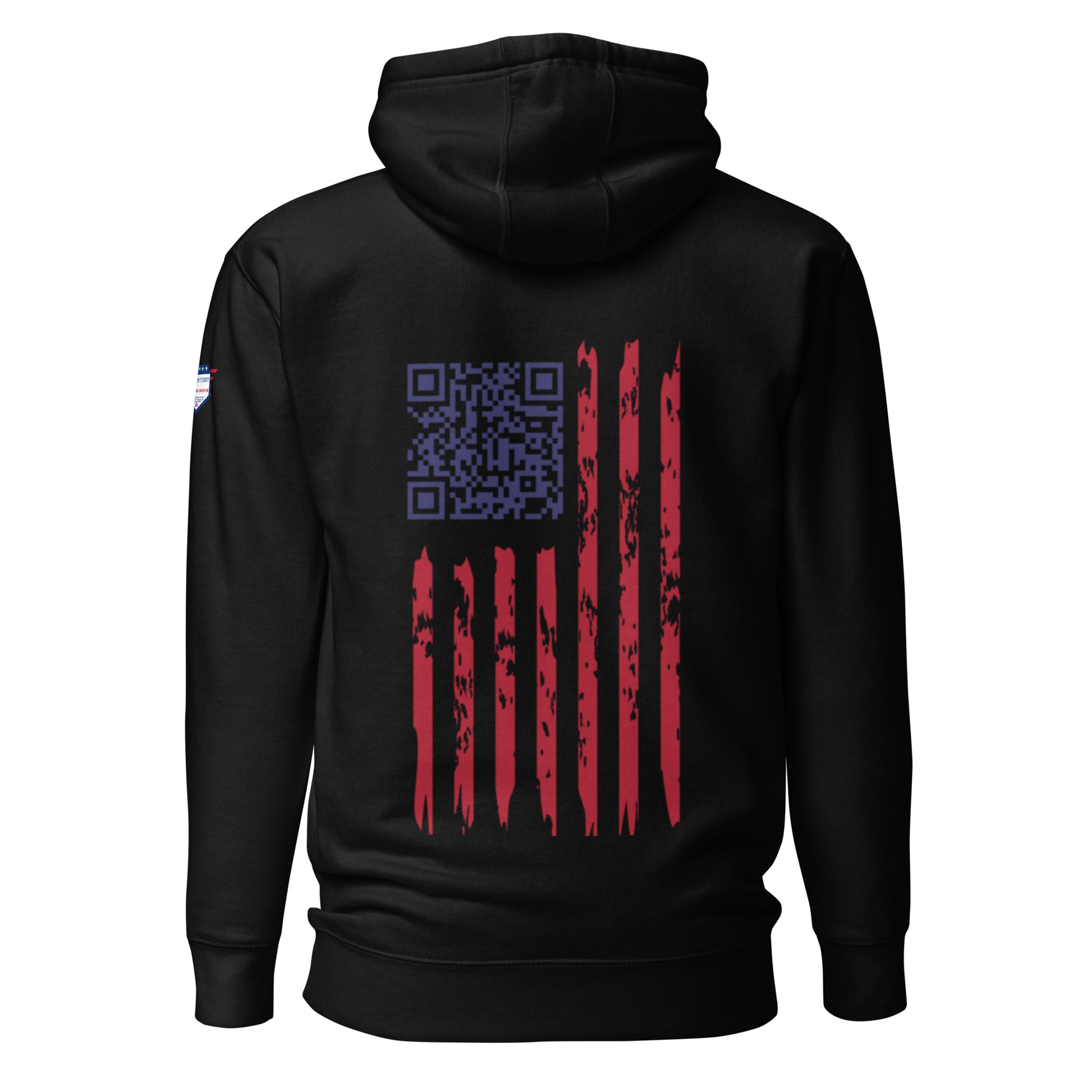 Back view of black hoodie with purple QR code for Trump dance over distressed American flag
