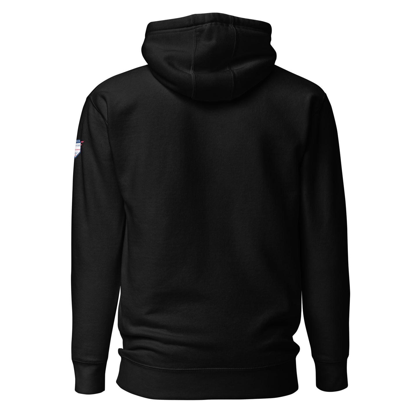 Back view of black hoodie with flag shoulder patch — stealth mode engaged