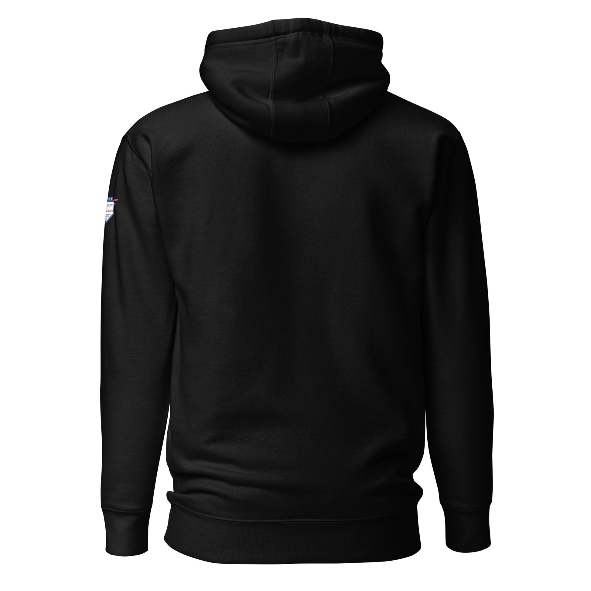 Back view of black hoodie with flag shoulder patch — stealth mode engaged
