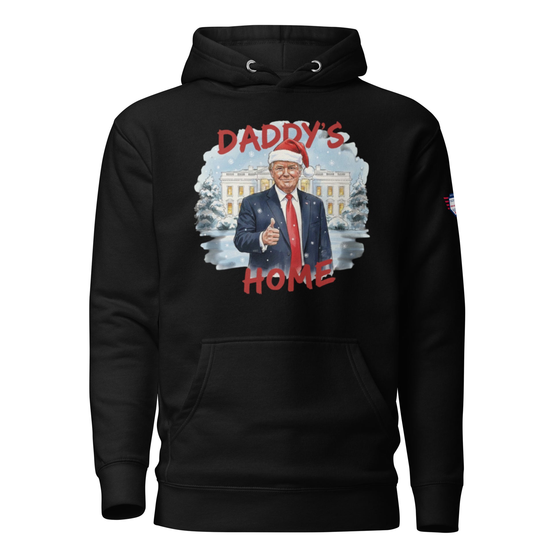 Front view of black Daddy’s Home Trump Christmas hoodie, Santa Trump with White House in snowy scene