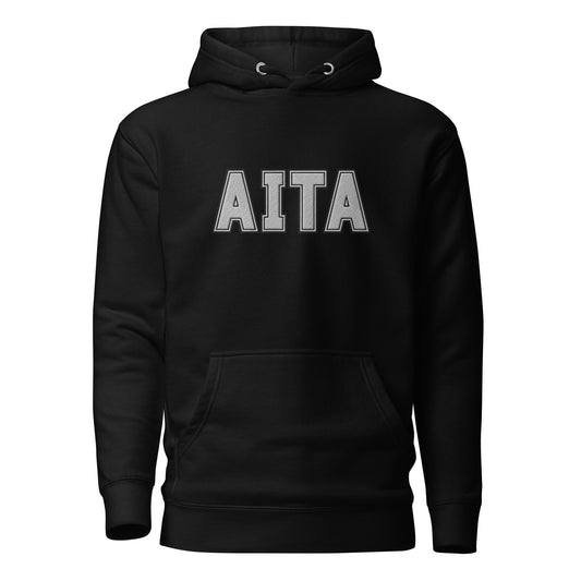 Front view of black hoodie with large gray outlined "AITA" embroidery and pouch pocket