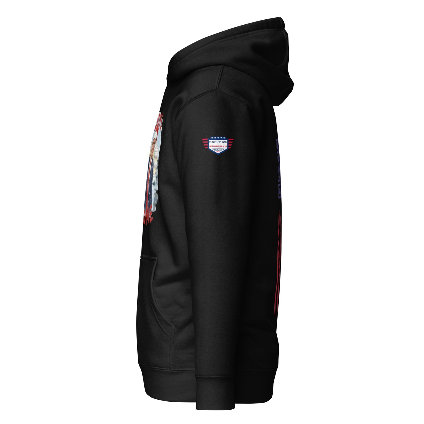 Right side view of black Daddy’s Home Trump Santa hoodie showing sleeve emblem and full-length design