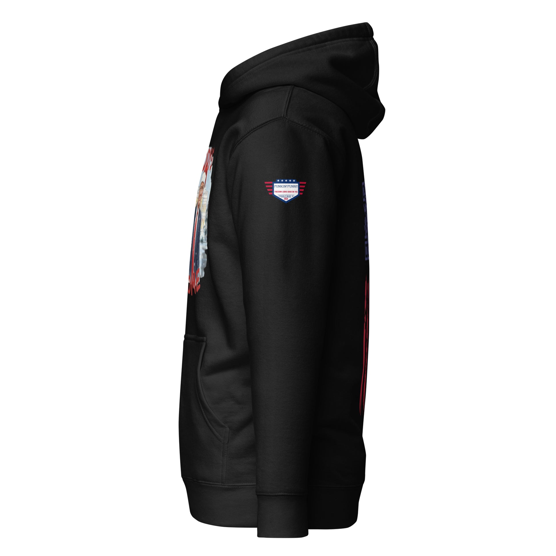 Right side view of black Daddy’s Home Trump Santa hoodie showing sleeve emblem and full-length design