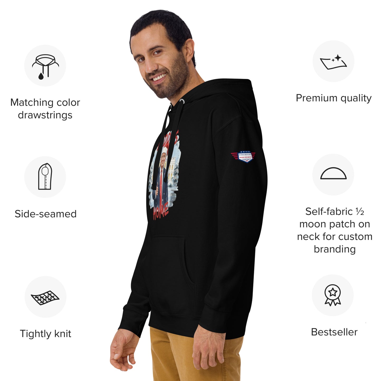 Man smiling in black Daddy’s Home Trump Santa hoodie, close side-front view with feature callouts like self-fabric patch