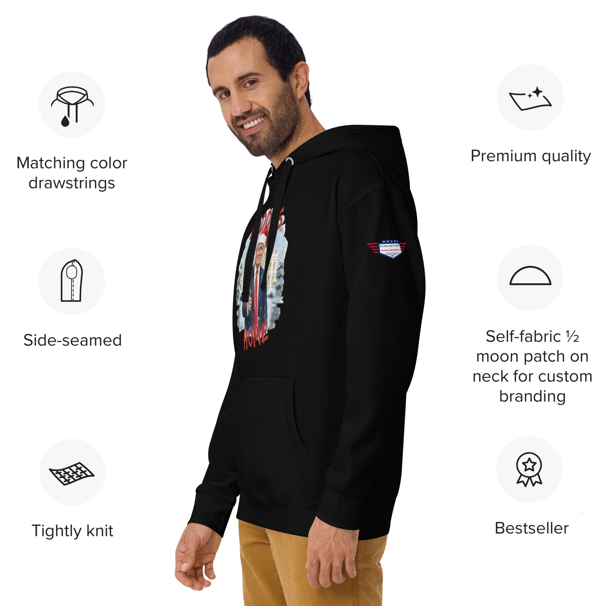 Man smiling in black Daddy’s Home Trump Santa hoodie, close side-front view with feature callouts like self-fabric patch