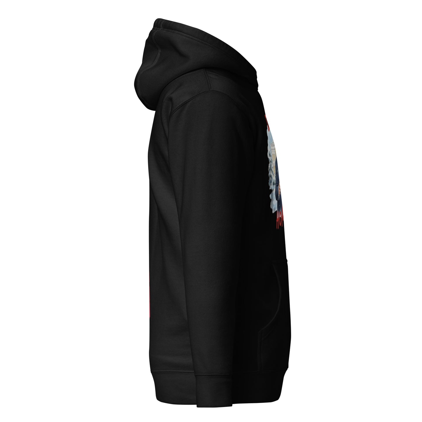 Side view of black Trump Christmas hoodie showing partial Santa Trump print, pouch pocket, and red accents