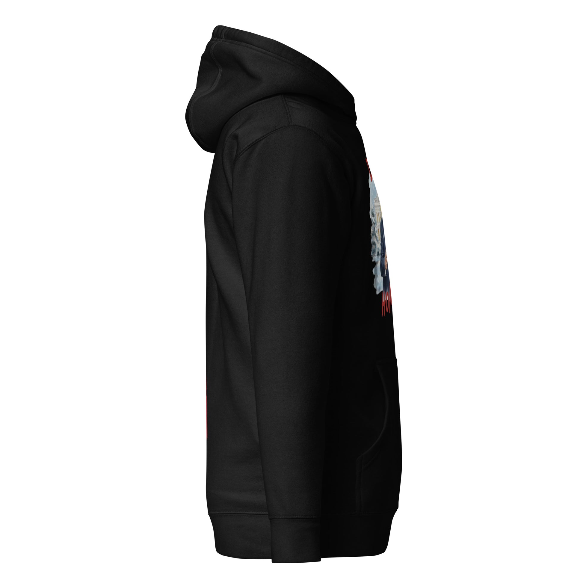 Side view of black Trump Christmas hoodie showing partial Santa Trump print, pouch pocket, and red accents