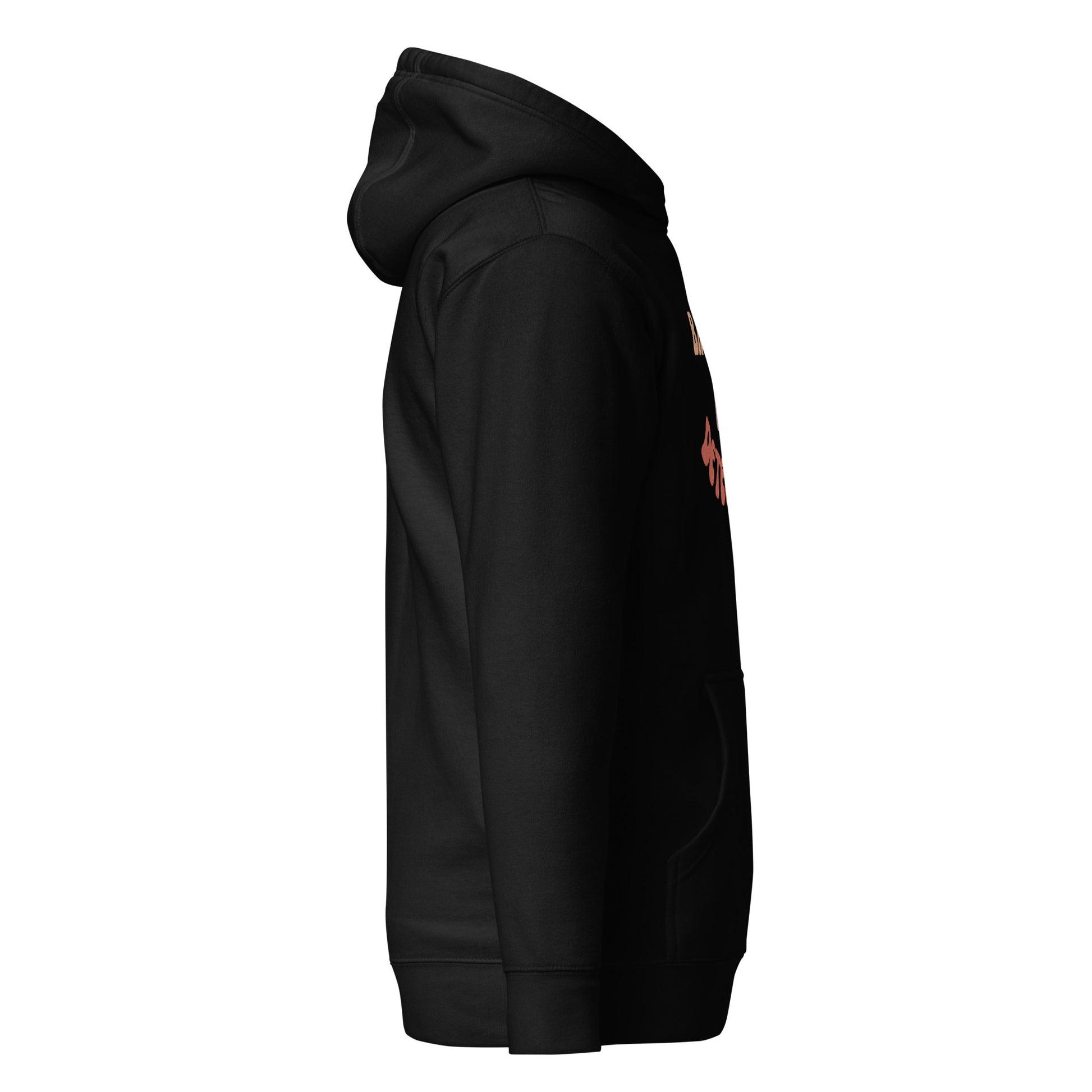 Left side view of black unisex hoodie showing "Basically" edge and pouch pocket