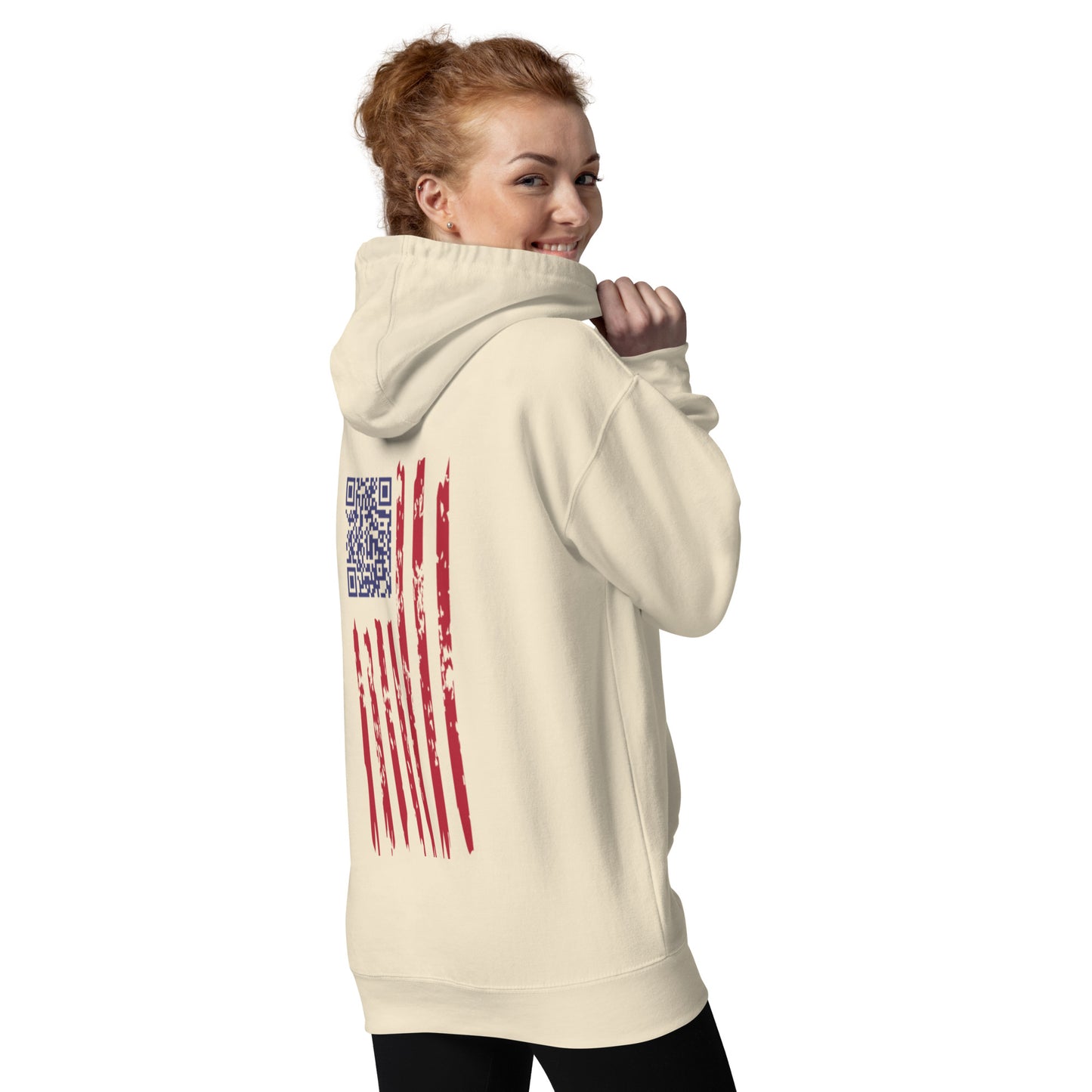 Male model in oatmeal heather hoodie back view with overlays pointing to QR easter egg, flag, drawstrings & bestseller badge