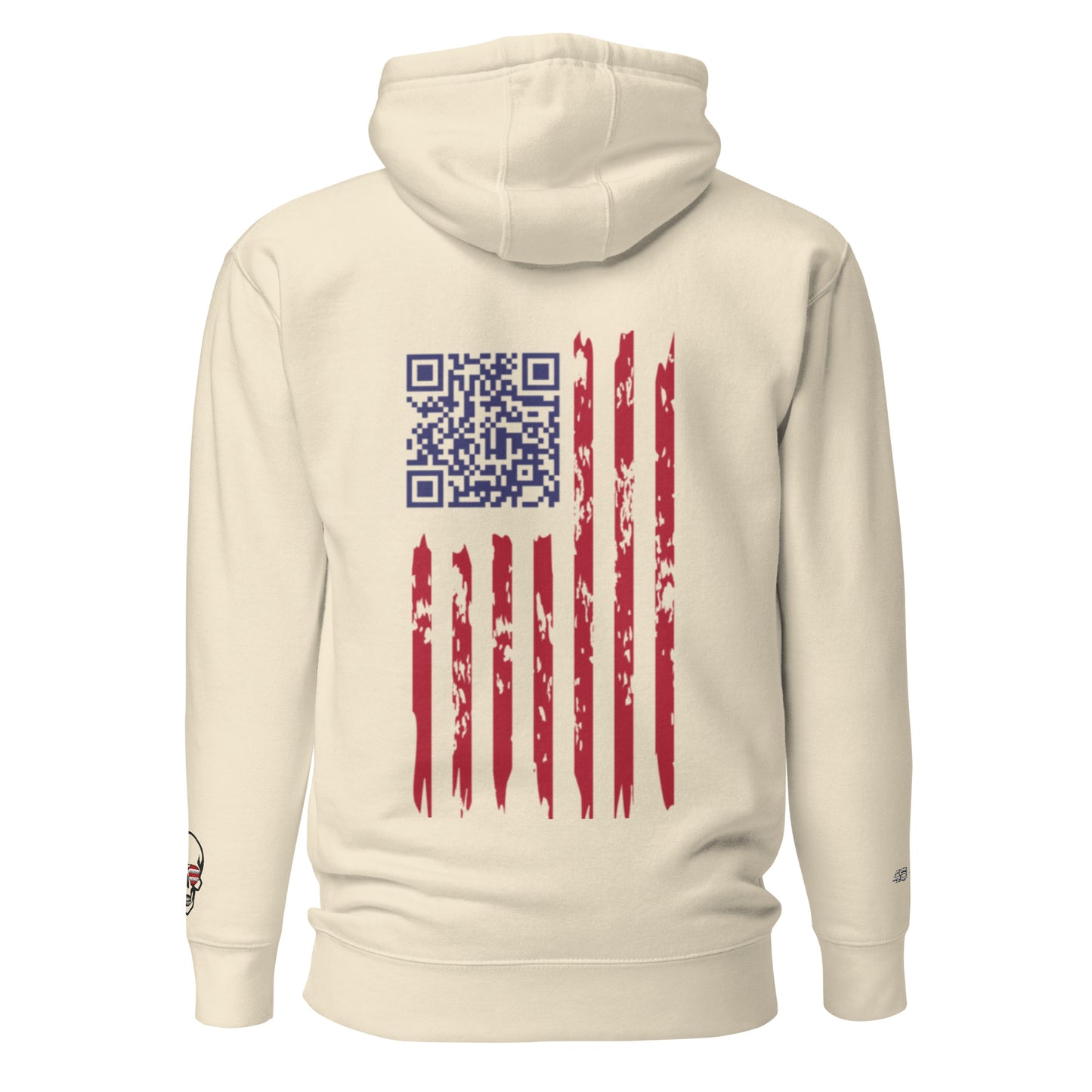 Back view of bone unisex hoodie with blue QR code easter egg in distressed red-white-blue flag