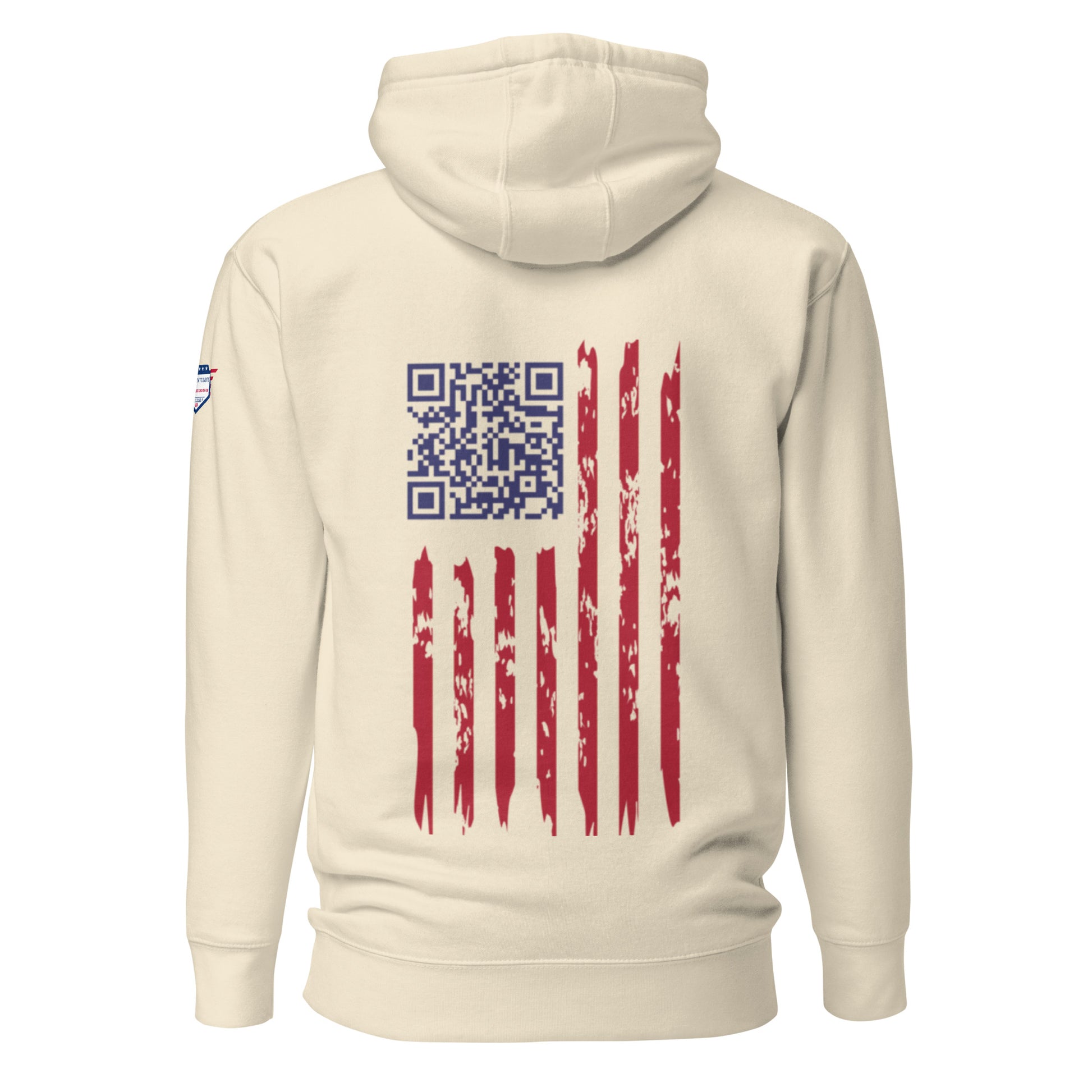 Back view of cream hoodie with central Trump dance QR code and distressed red-white flag stripes