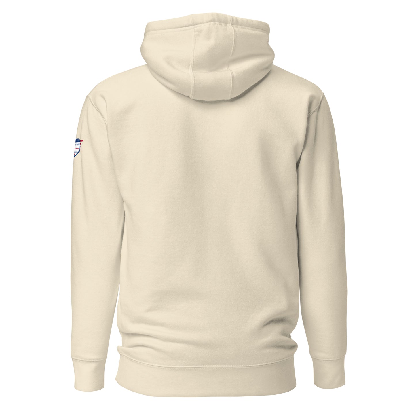 Back view of cream unisex hoodie, simple with patriotic shoulder patch detail