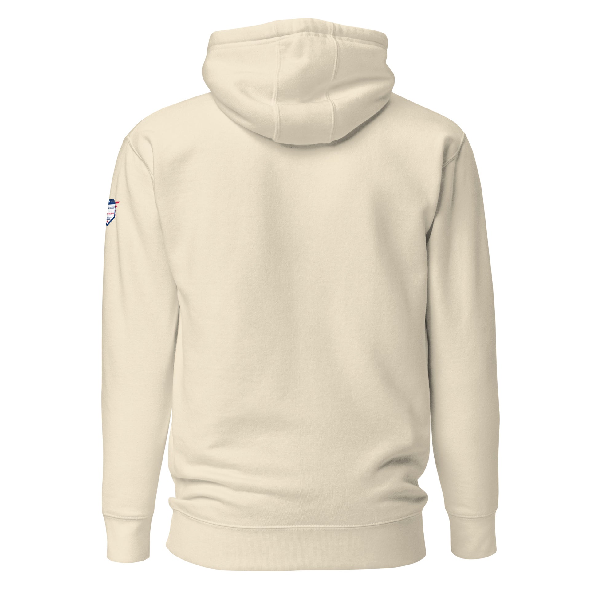 Back view of cream unisex hoodie, simple with patriotic shoulder patch detail