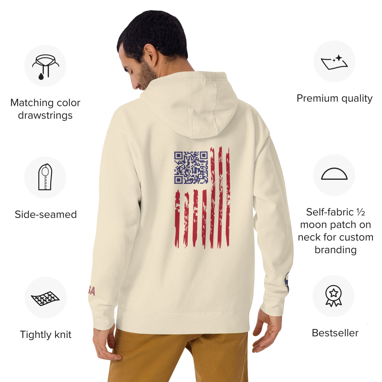 Back view of bone Happy Trump Hoodie on model, Trump Dance QR code and distressed US flag on self-fabric patch