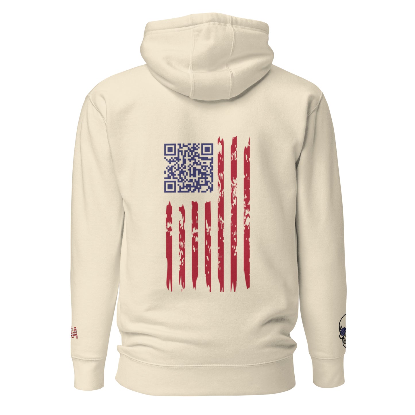 Right side view of oatmeal hoodie displaying Happy Trump embroidery, USA flag sleeve patch