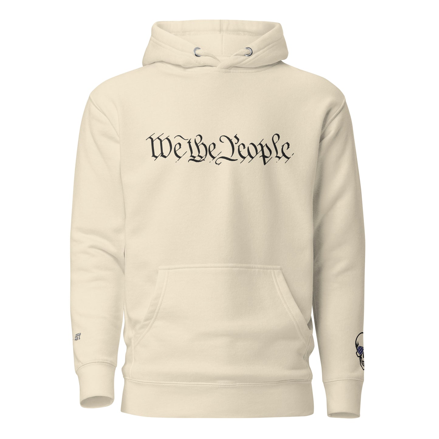 Front view of oatmeal heather hoodie with gothic "We the People" embroidery arched on chest, subtle skull accent