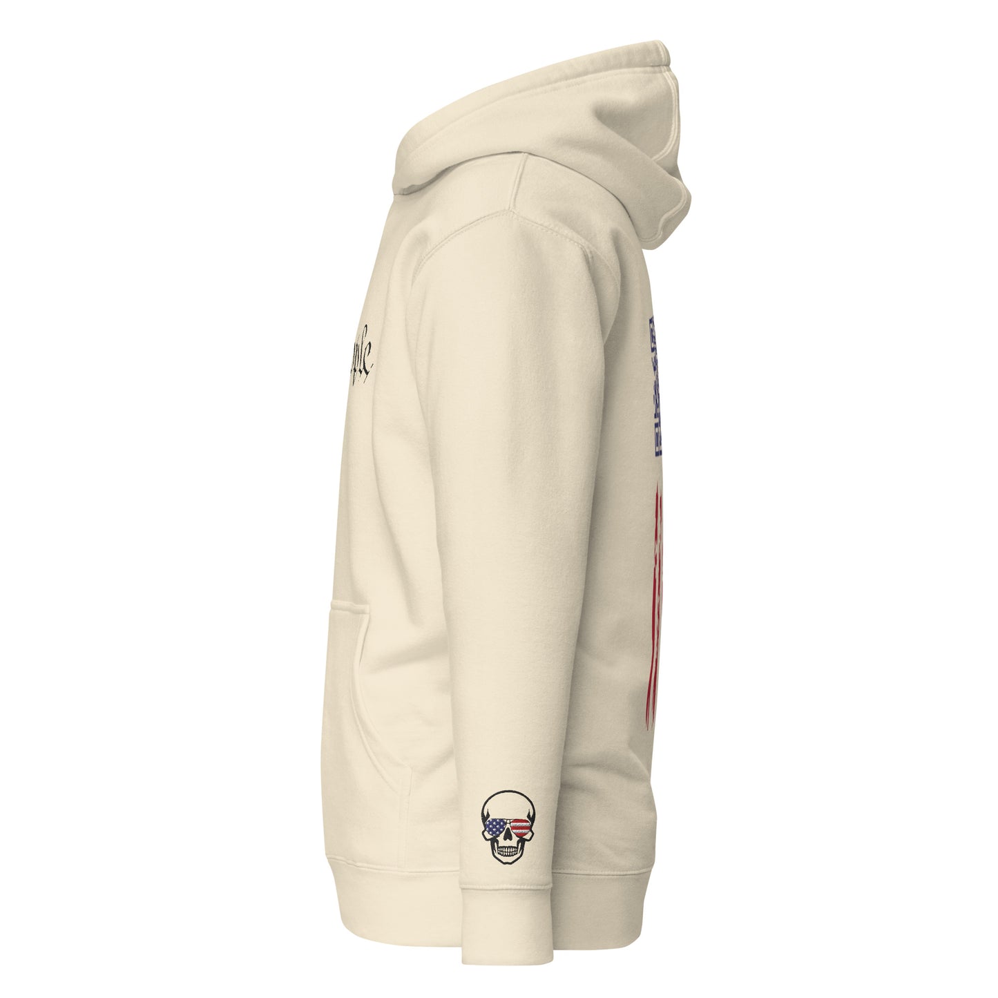 Right side view of bone hoodie showing skull flag patch on sleeve and partial flag stripes