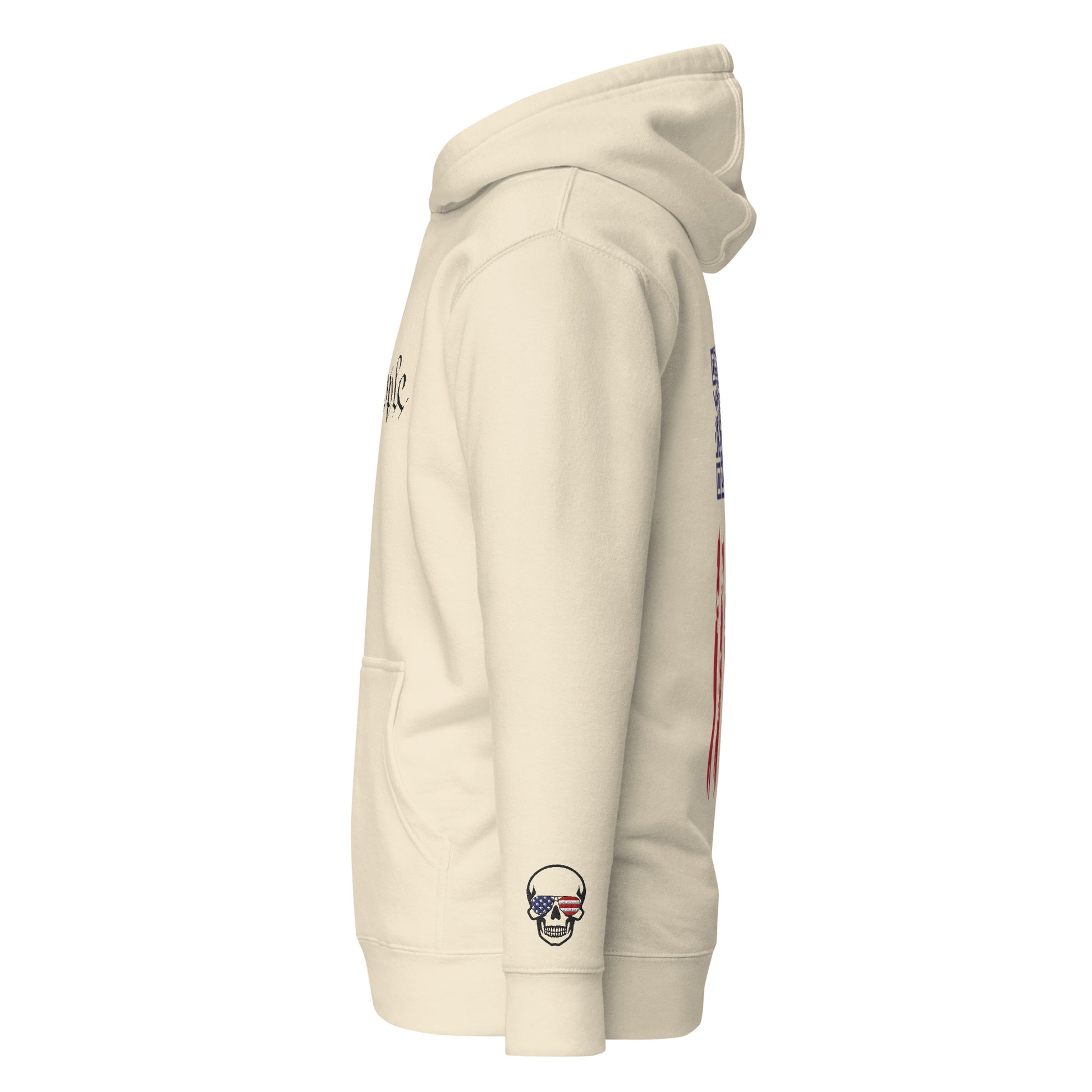Right side view of bone hoodie showing skull flag patch on sleeve and partial flag stripes