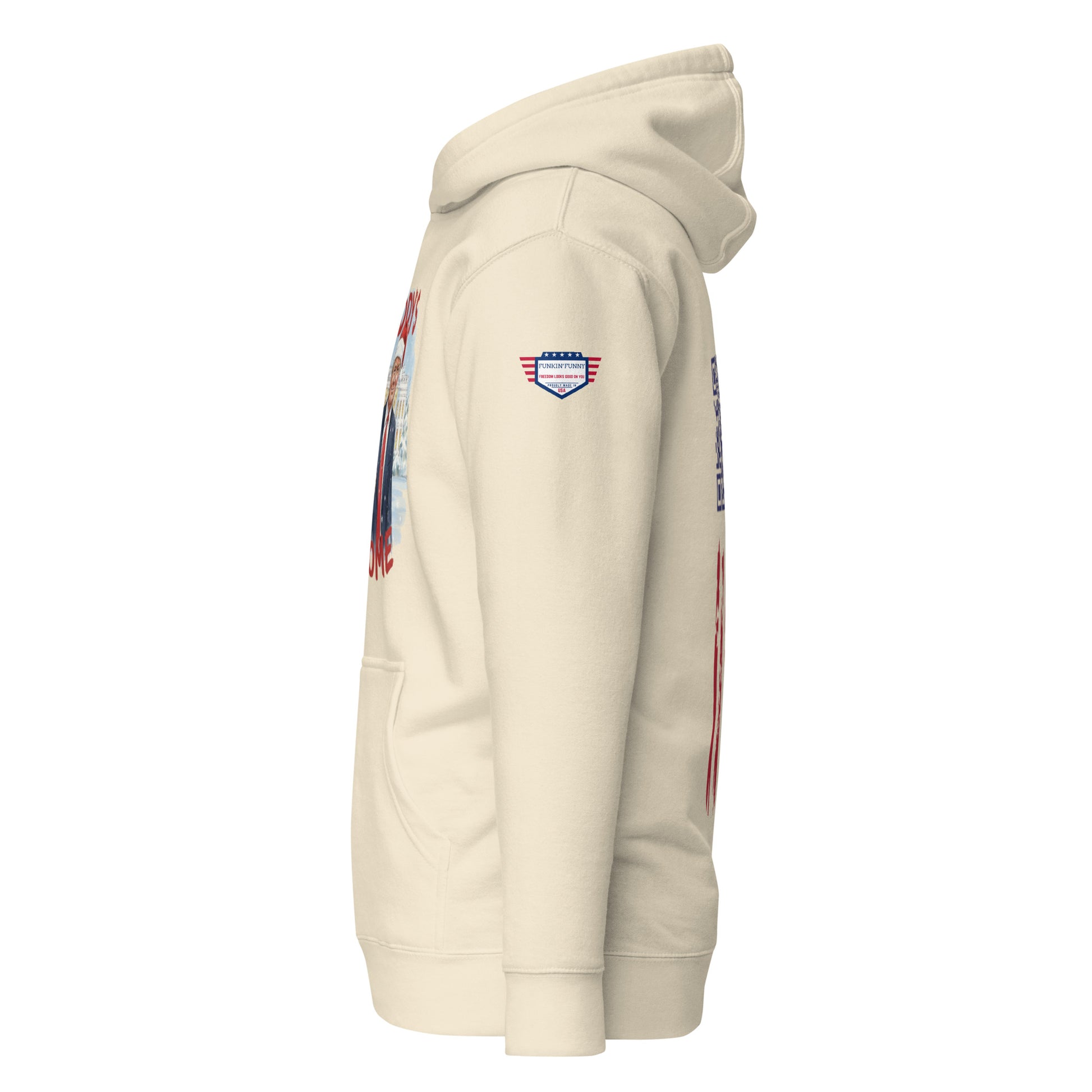 Right-facing side view of cream hoodie teasing Santa Trump front art and USA flag sleeve patch