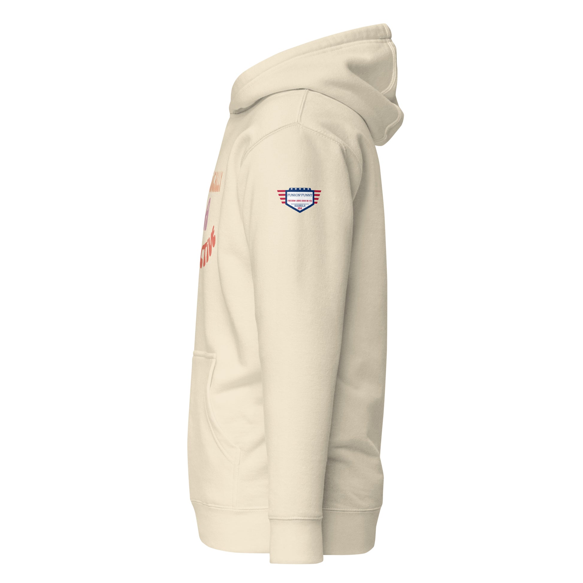 Right side view of cream unisex hoodie with edge of "Detective" print and star patch