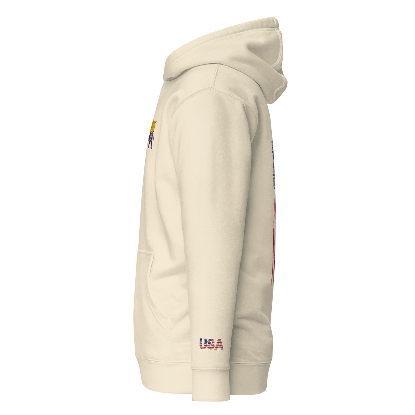 Back view of oatmeal heather hoodie with QR code next to distressed stars-and-stripes flag, USA skull details