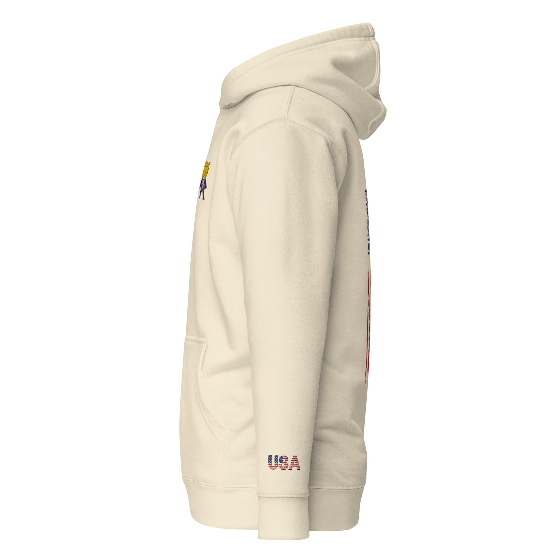 Back view of oatmeal heather hoodie with QR code next to distressed stars-and-stripes flag, USA skull details