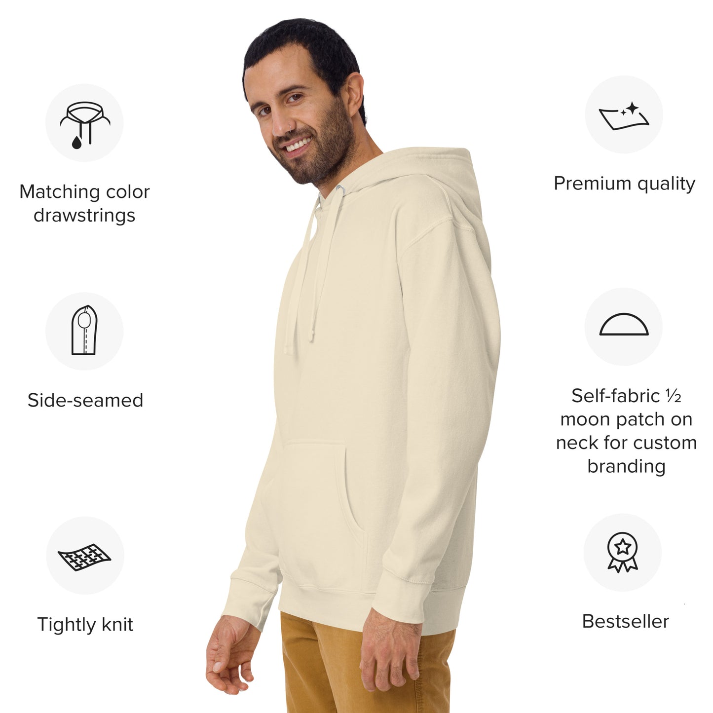 Side front view of Bone Happy Trump Embroidered Hoodie on smiling bearded model, premium details