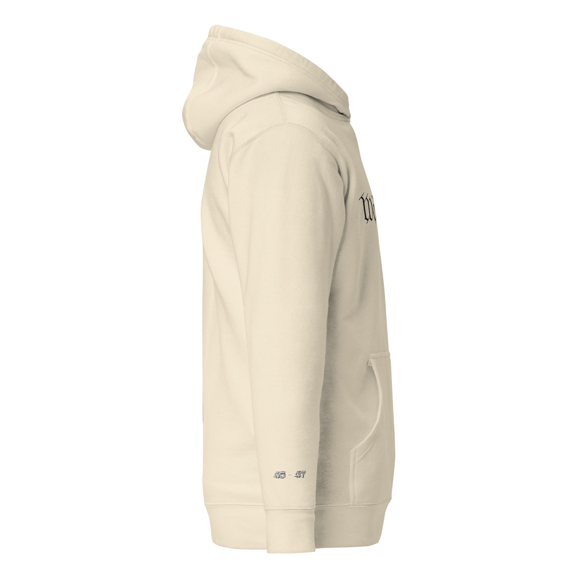 Left side view of bone hoodie with partial "We" embroidery, front pouch pocket, sleeve tag