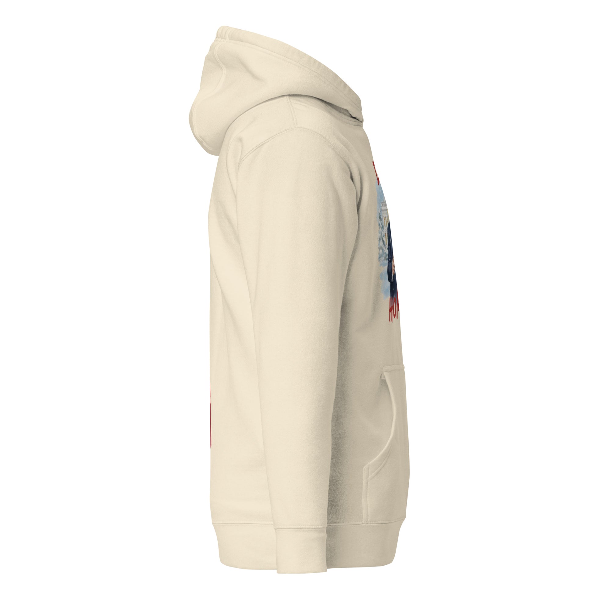 Left side view of white Trump Christmas hoodie with USA sleeve patch and edge of chest graphic
