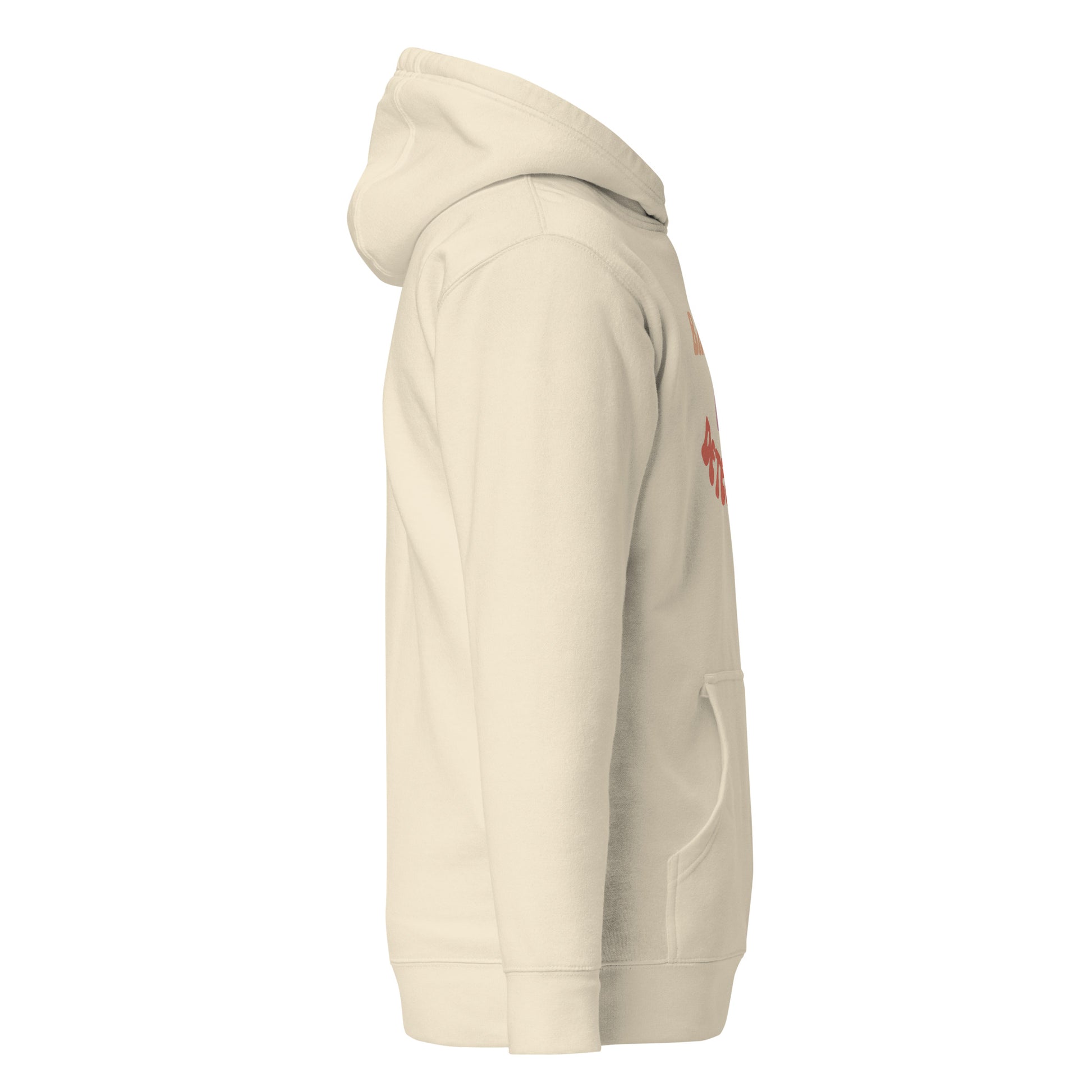 Left side view of cream unisex hoodie showing kangaroo pocket and cozy hood shape
