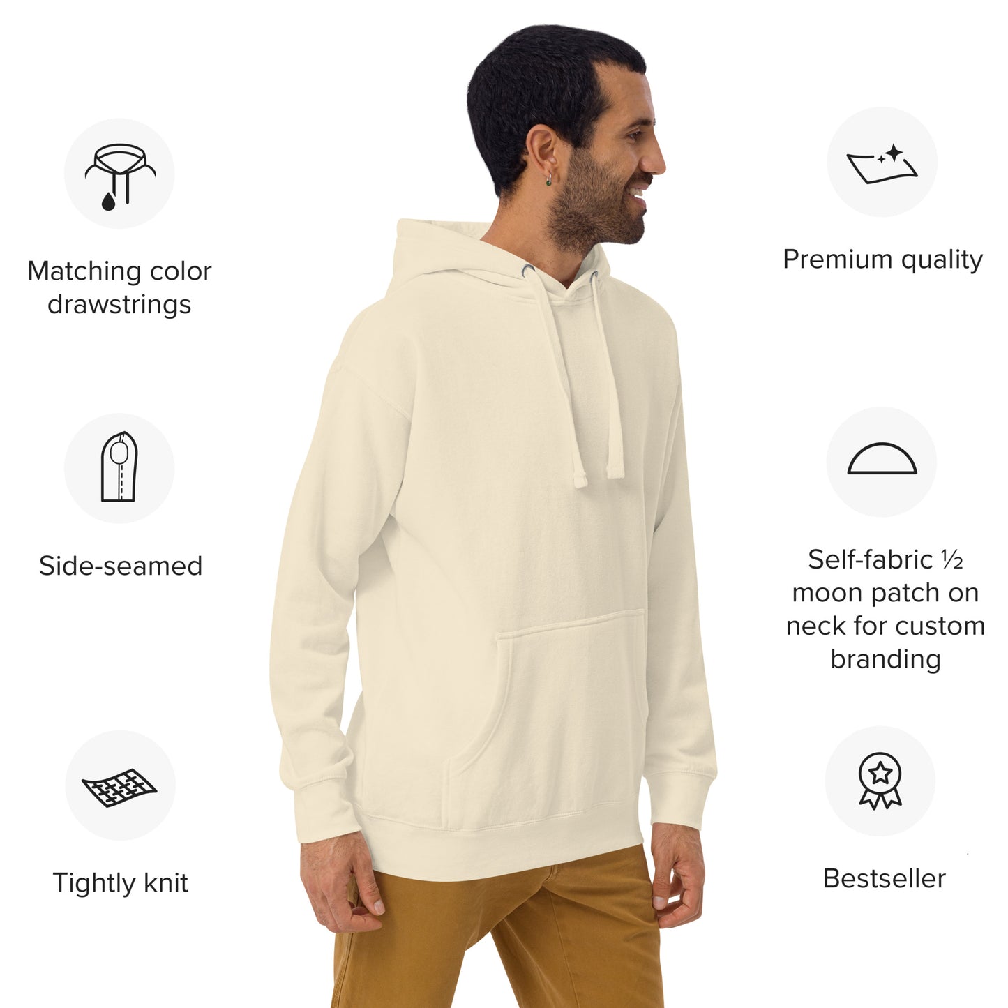 Side rear view of Bone Happy Trump Embroidered Hoodie on bearded model walking, feature highlights