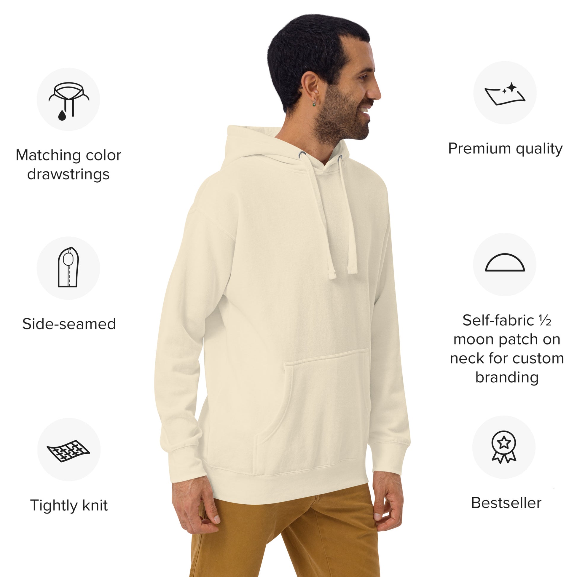 Side rear view of Bone Happy Trump Embroidered Hoodie on bearded model walking, feature highlights