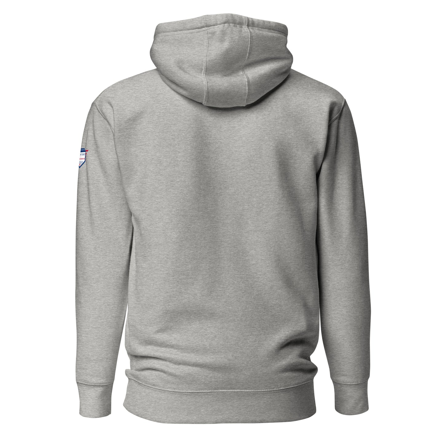 Back view of heather grey unisex hoodie with USA flag shoulder patch