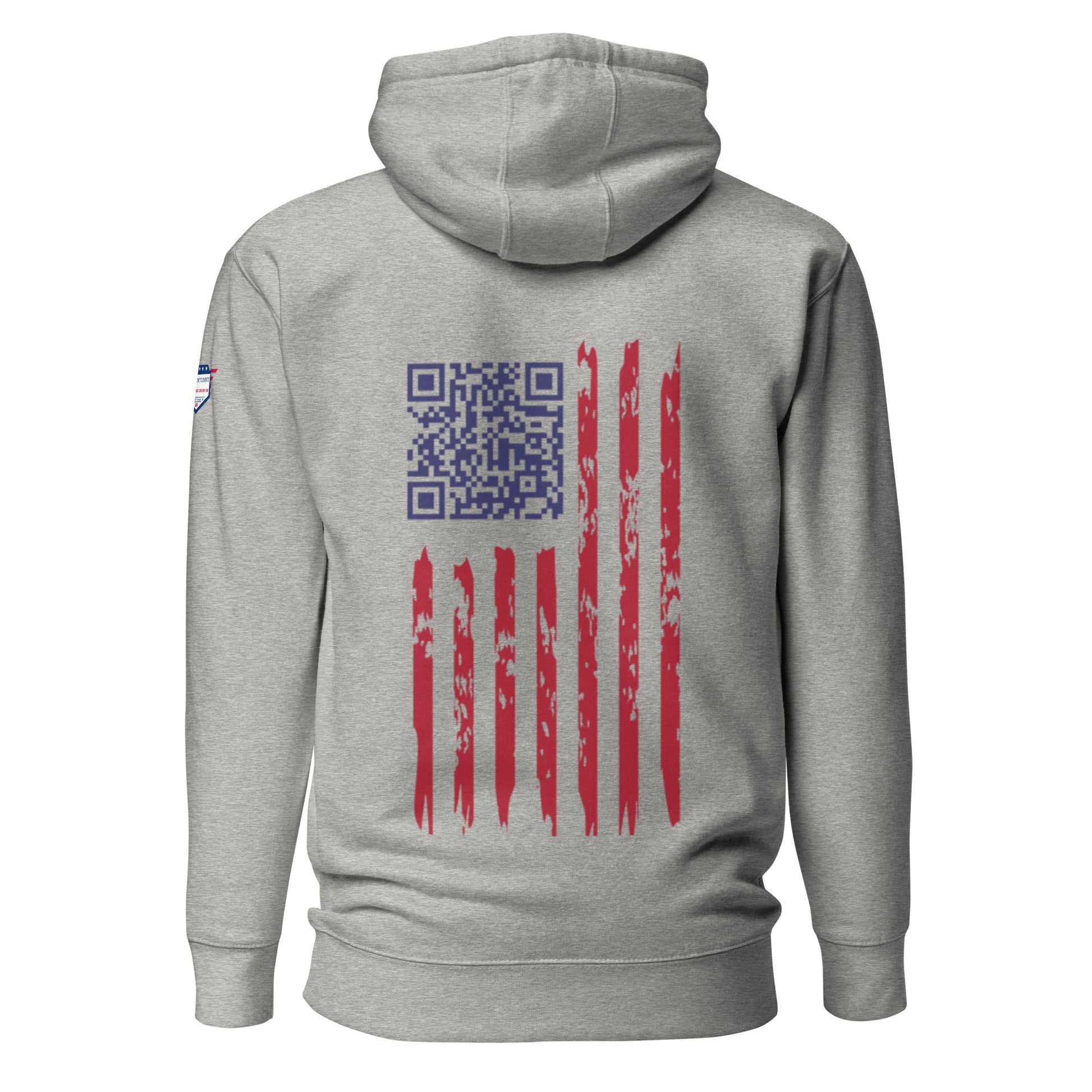 Back view of gray hoodie showing QR code for Trump dance on faded American flag background