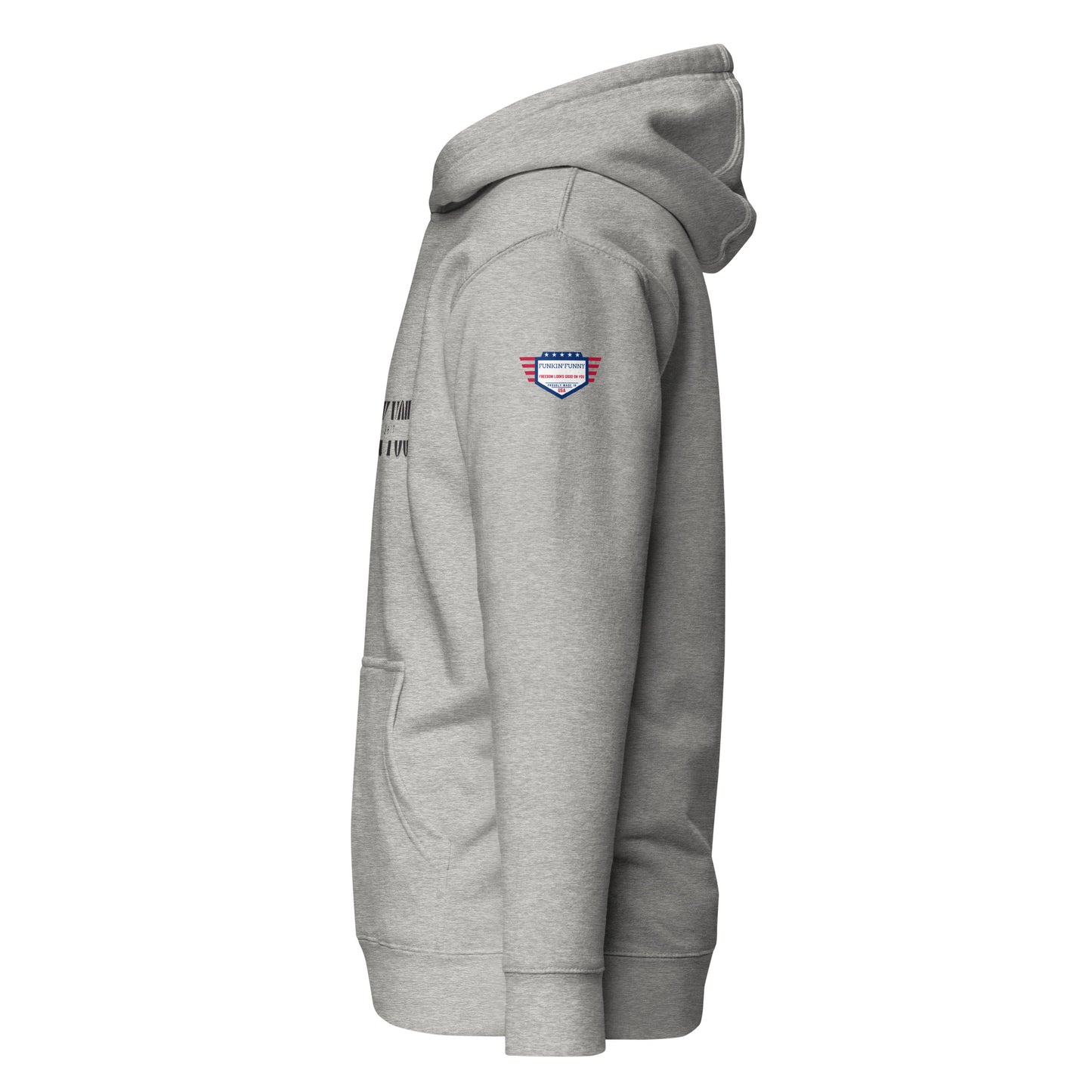 Right side view of heather grey unisex hoodie showing USA flag sleeve patch