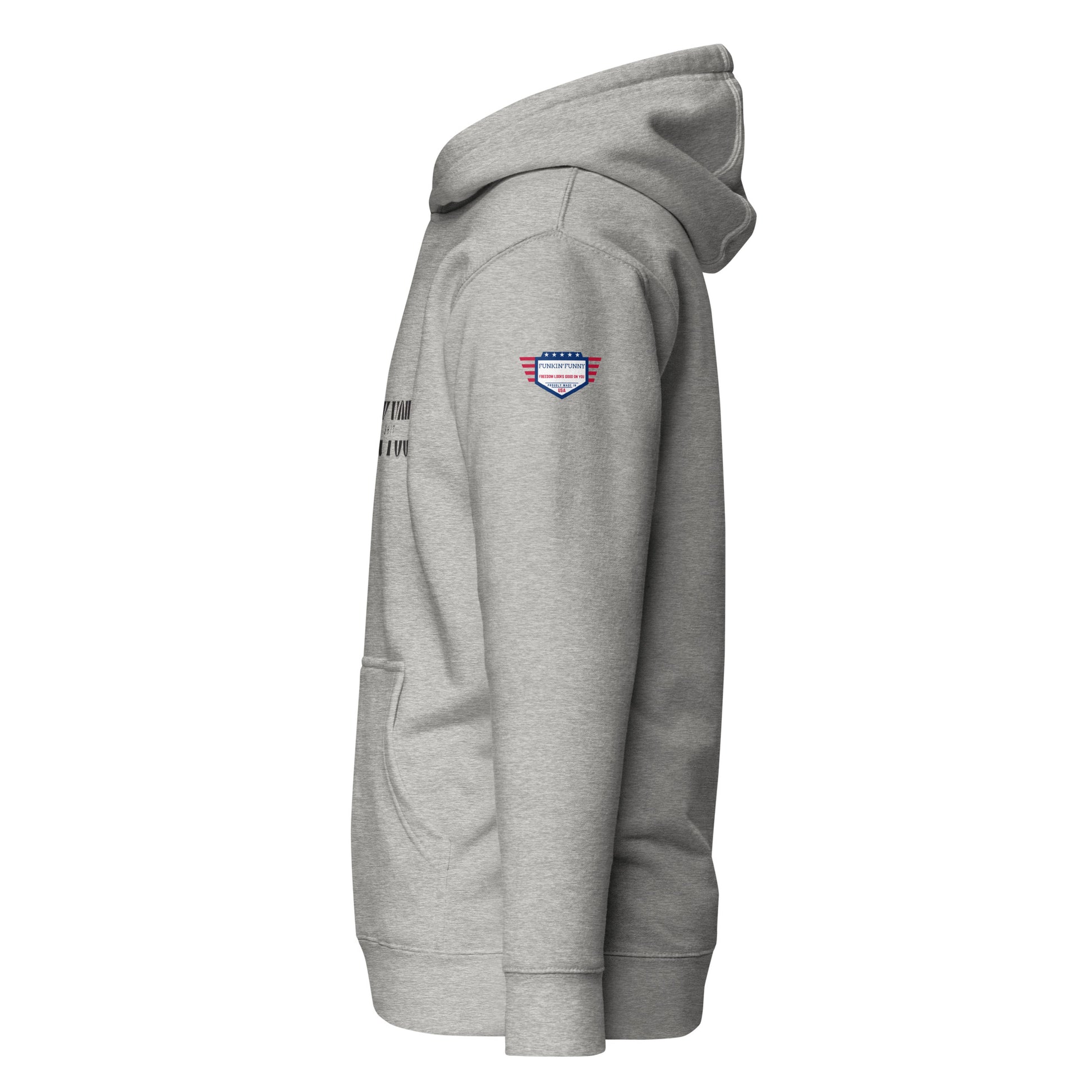 Right side view of heather grey unisex hoodie showing USA flag sleeve patch