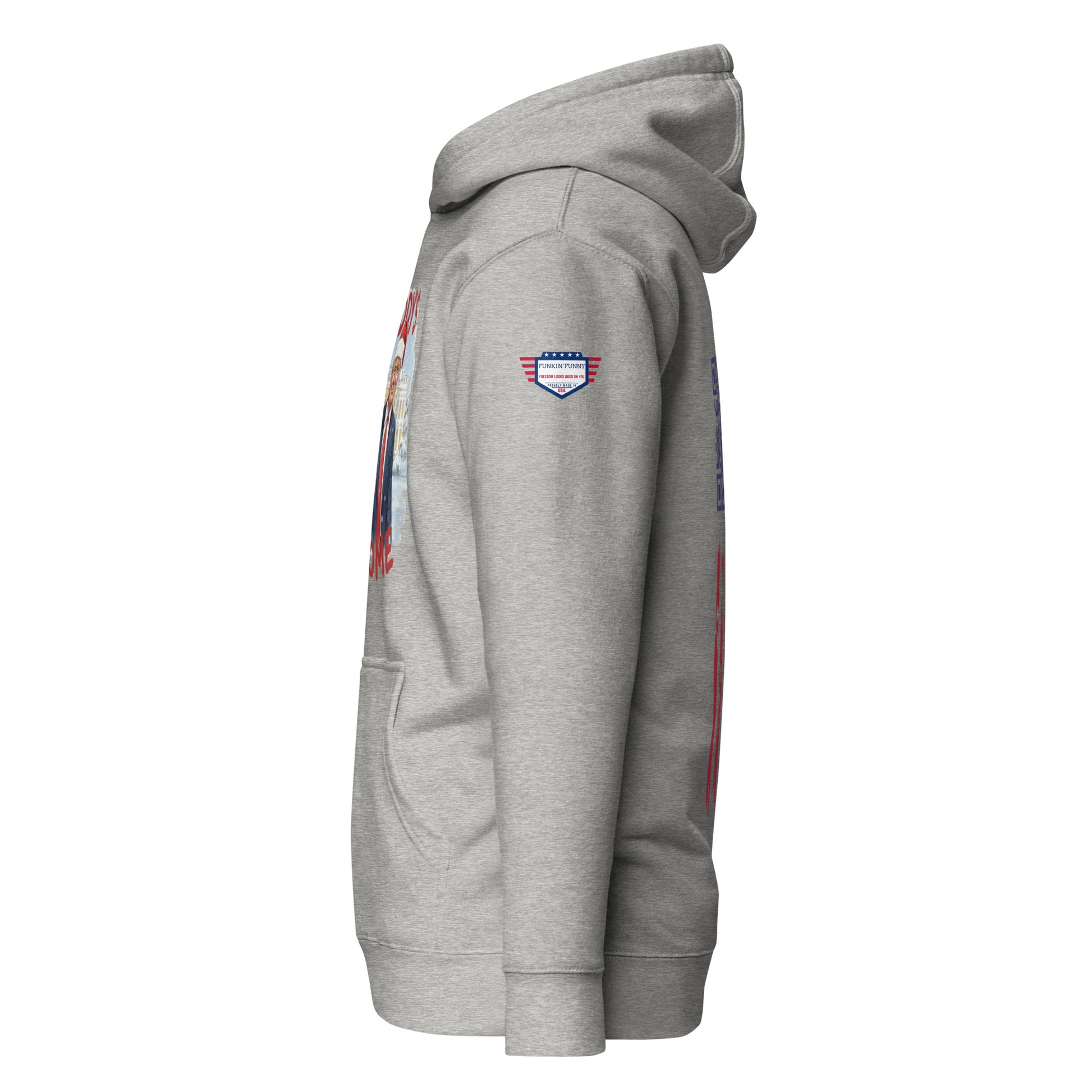 Side view of light gray hoodie with US flag sleeve patch and partial Santa Trump graphic