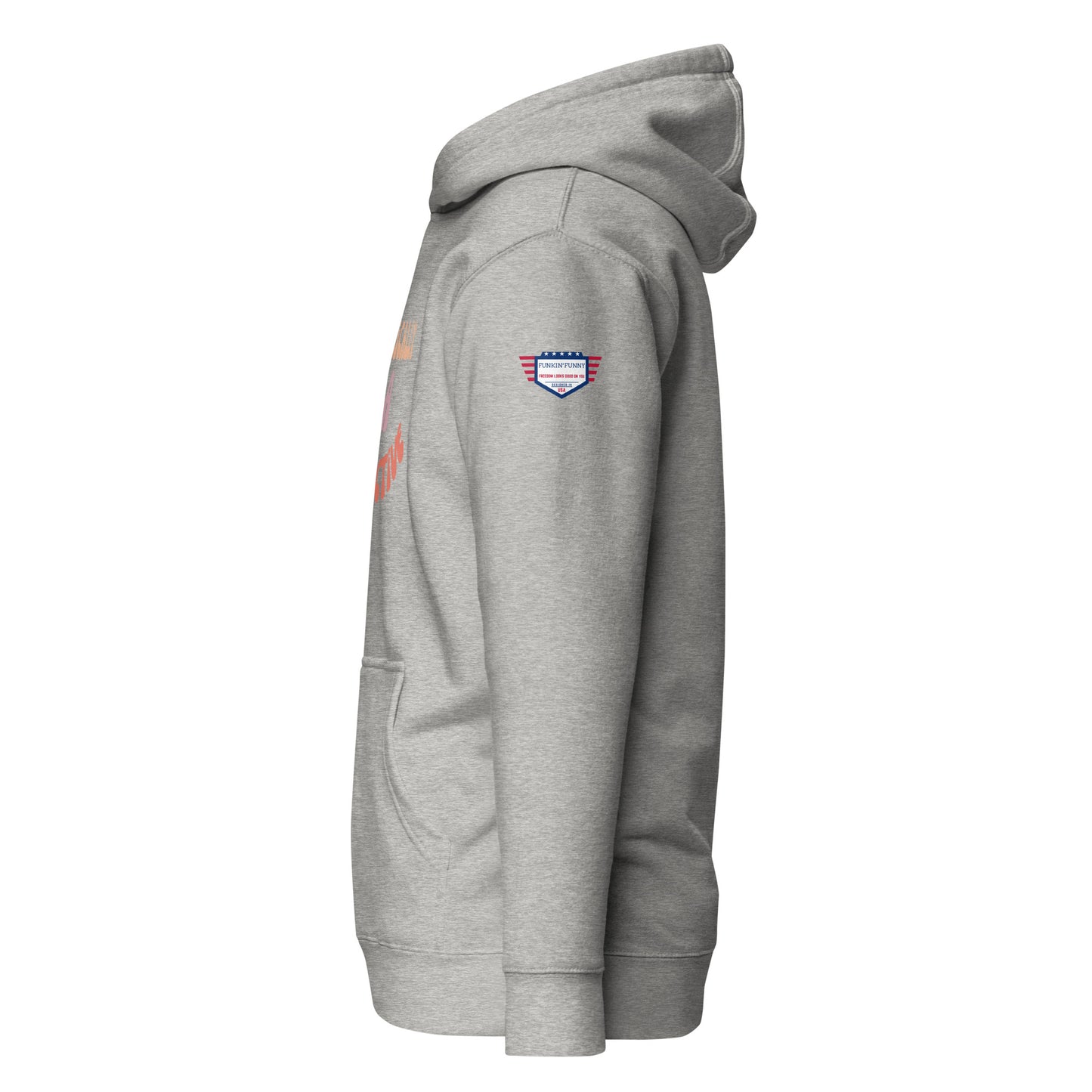 Right side view of gray hoodie displaying partial text, flag patch on sleeve, kangaroo pocket