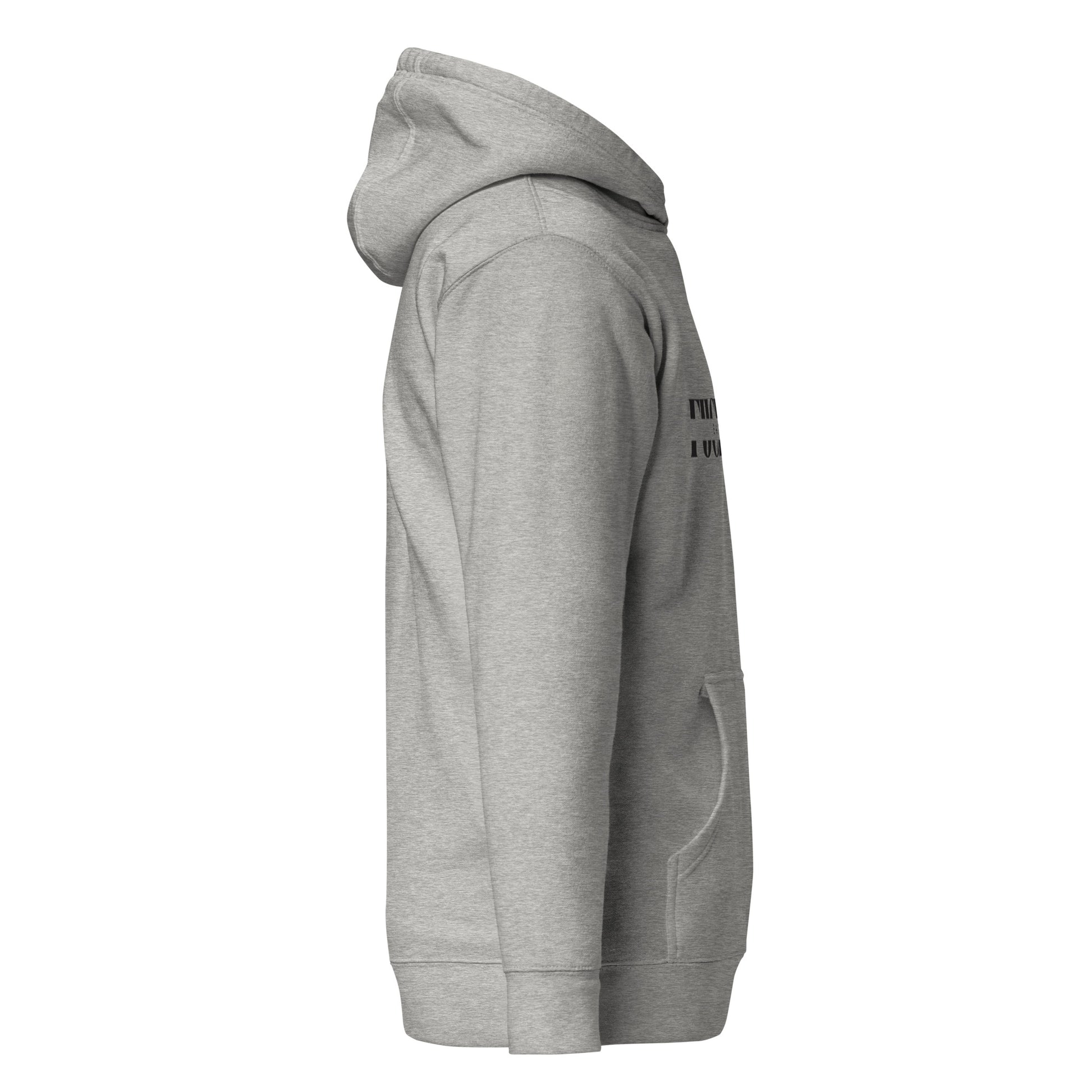 Left side view of heather grey unisex hoodie with partial "Fuck You" text