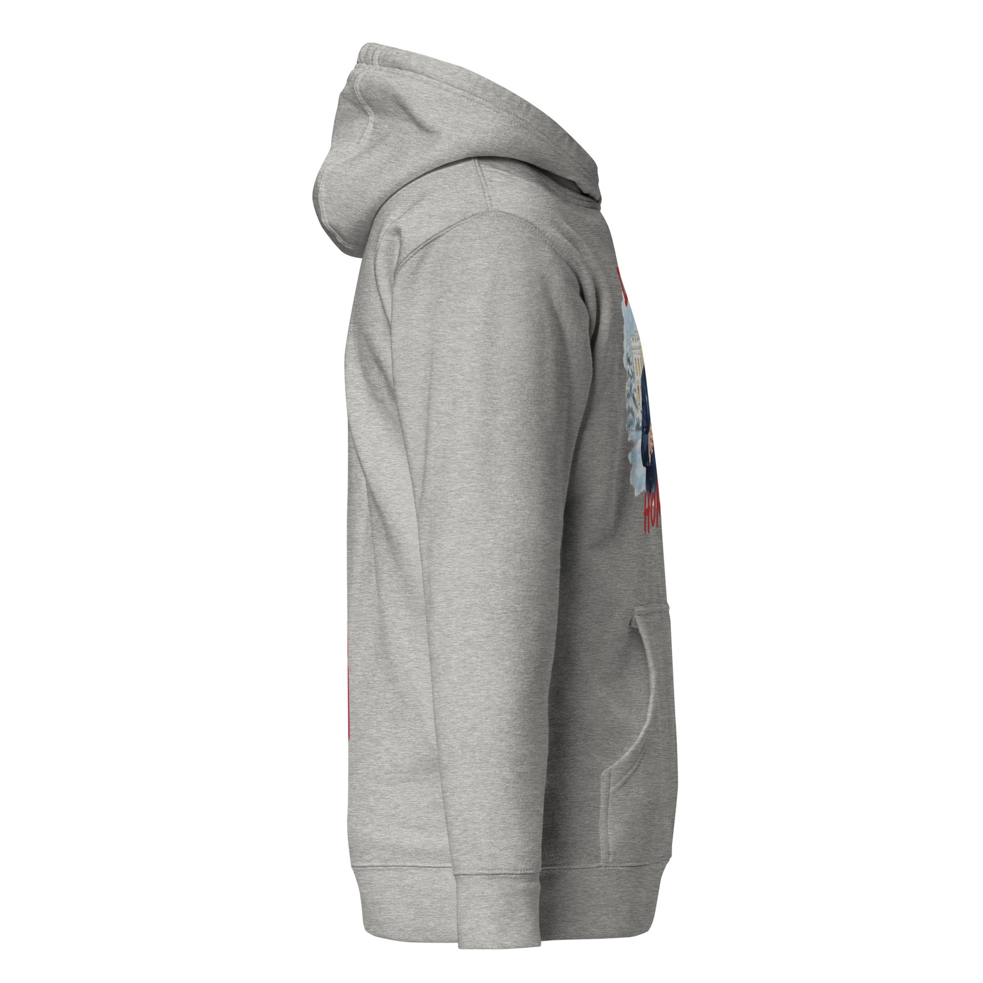 Close side view of light gray Christmas hoodie revealing edge of Trump Santa design