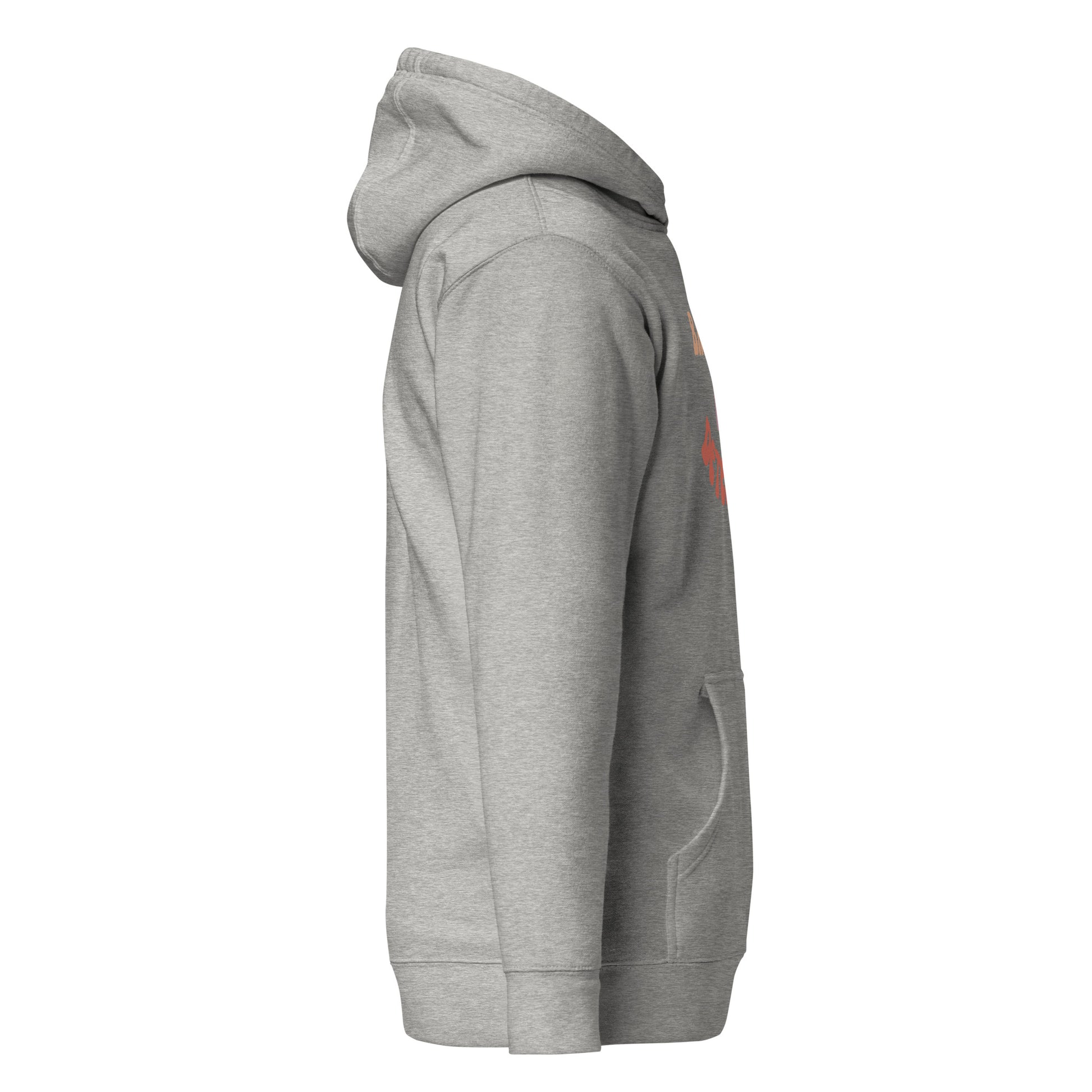 Left side view of gray unisex hoodie with "Basically" print edge and front pouch