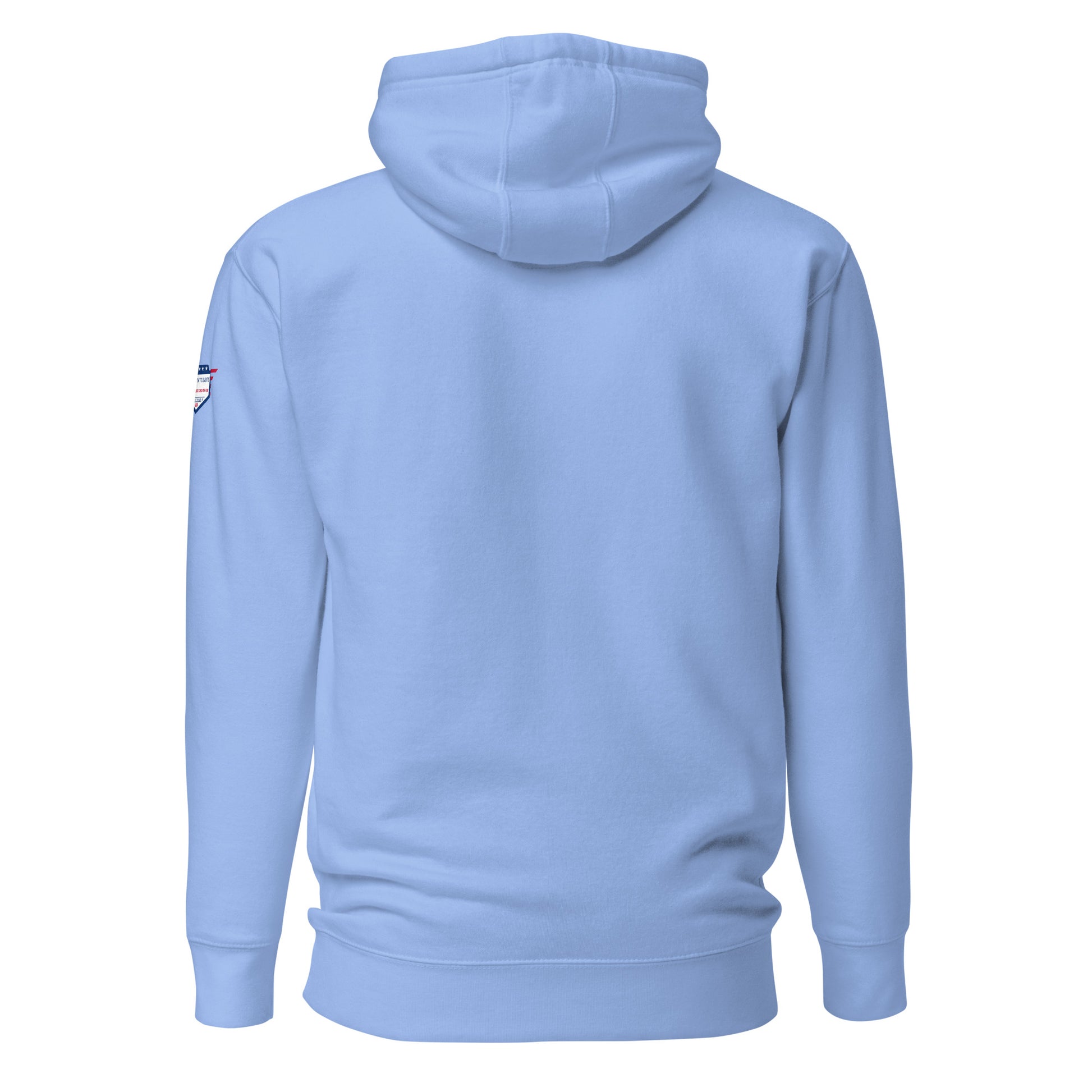 Back view of sky blue unisex hoodie with USA flag shoulder patch