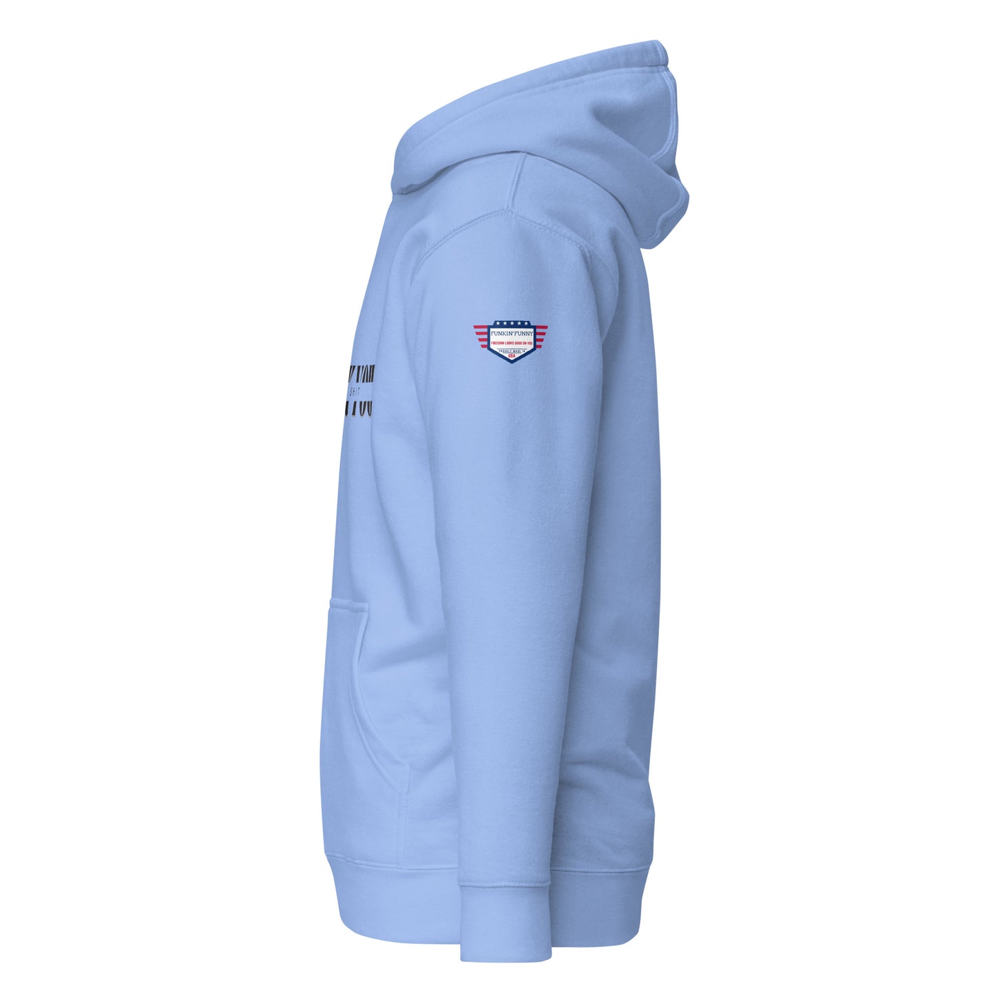 Right side view of sky blue unisex hoodie showing USA flag sleeve patch