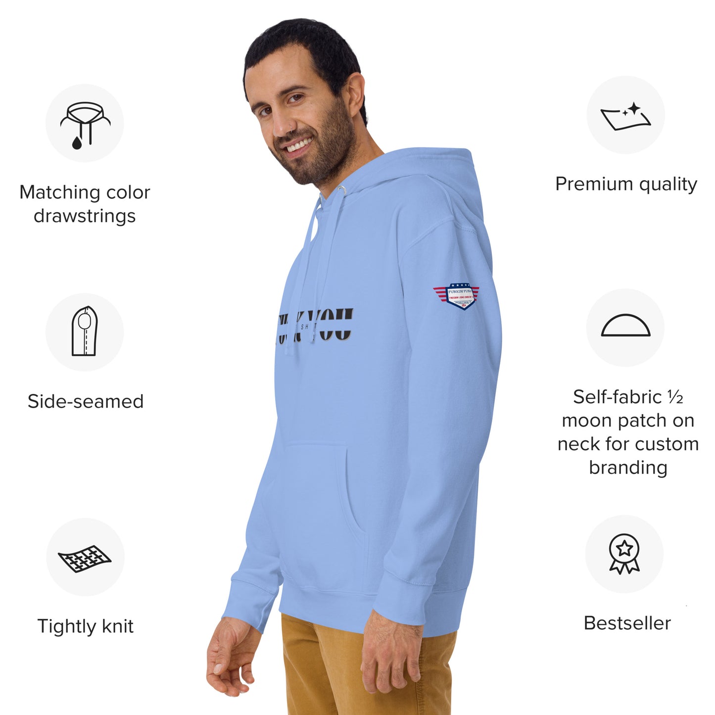 Male model in light blue hoodie, right-back side view featuring shoulder patch and feature icons