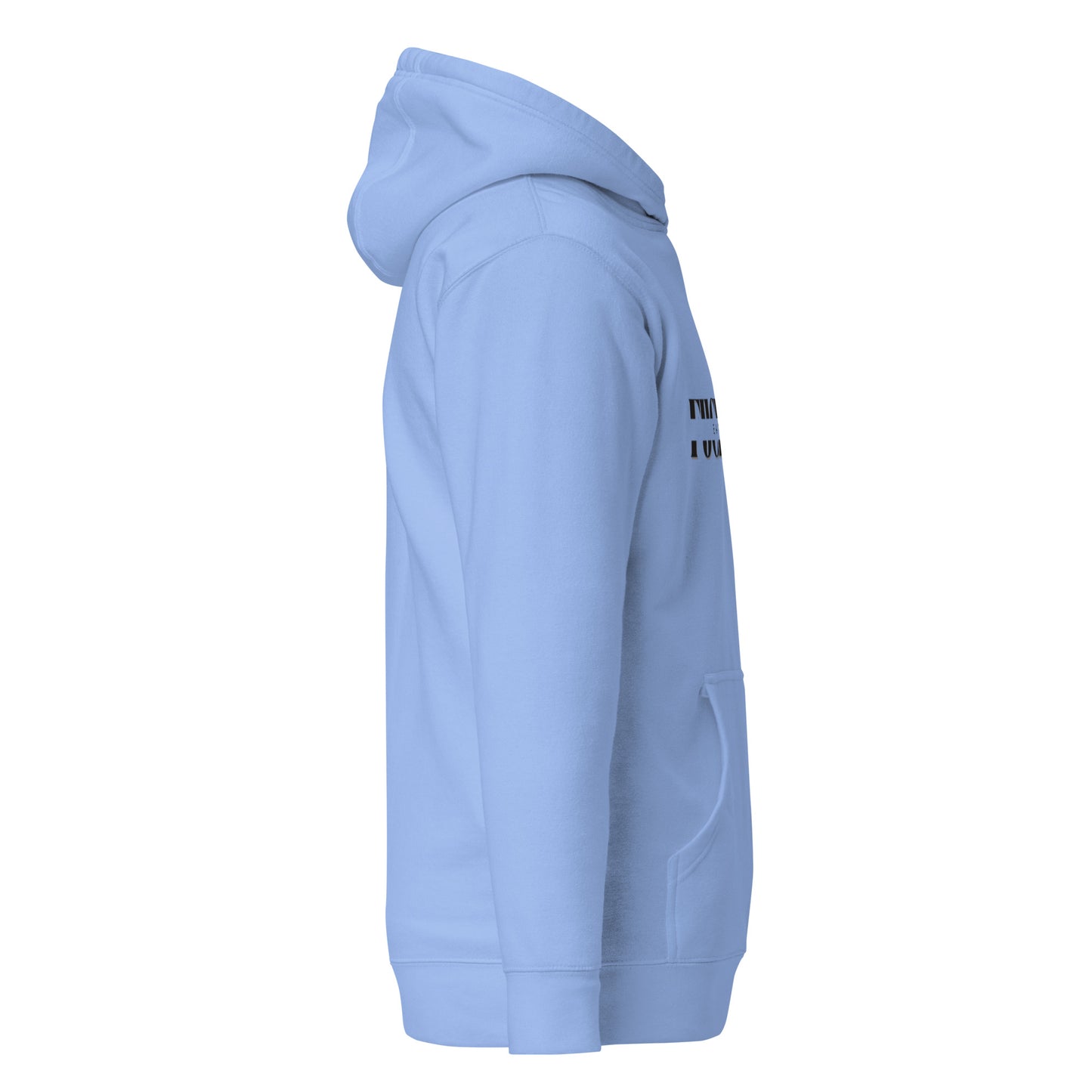 Left side view of sky blue unisex hoodie with partial "Eat Shit" text