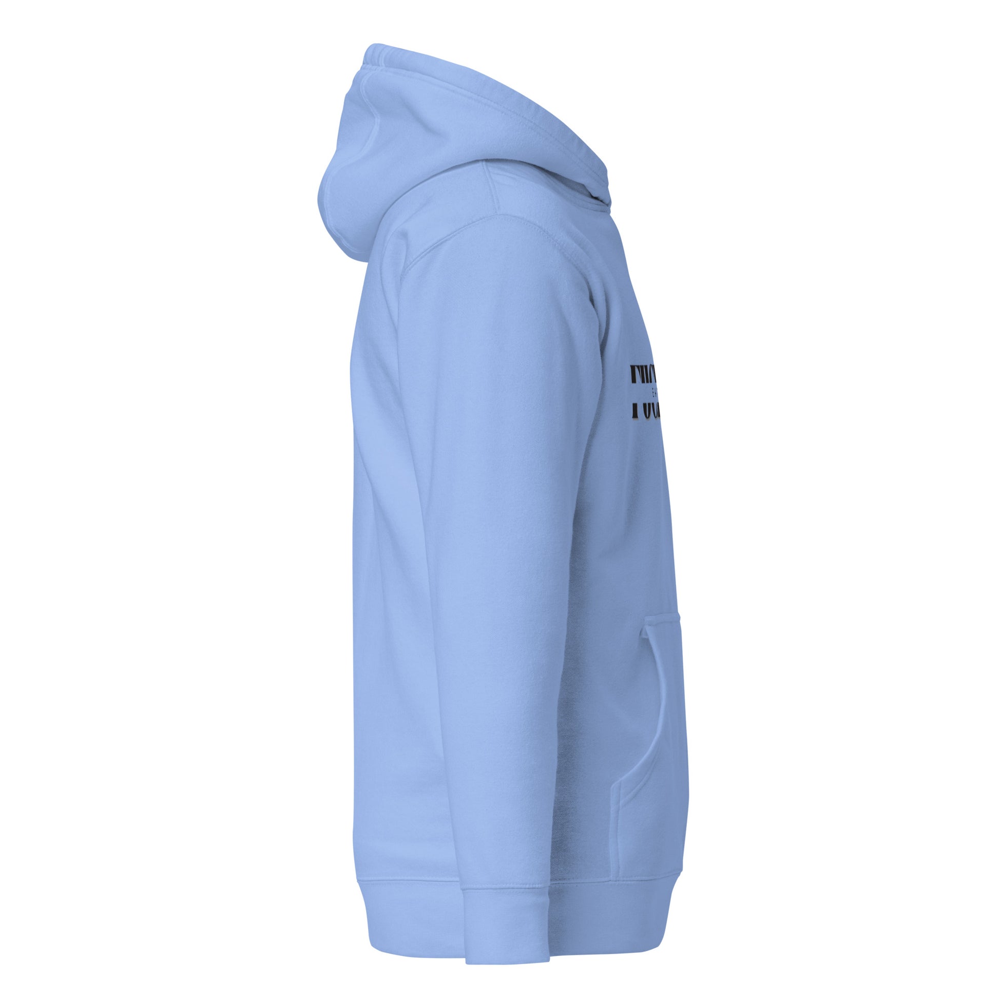Left side view of sky blue unisex hoodie with partial "Eat Shit" text