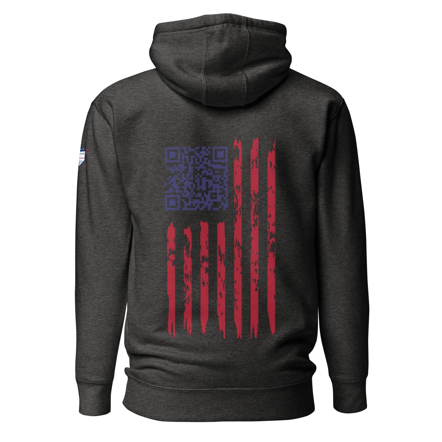 Back view of charcoal grey Trump Christmas hoodie with blue QR code and distressed red-white-blue flag