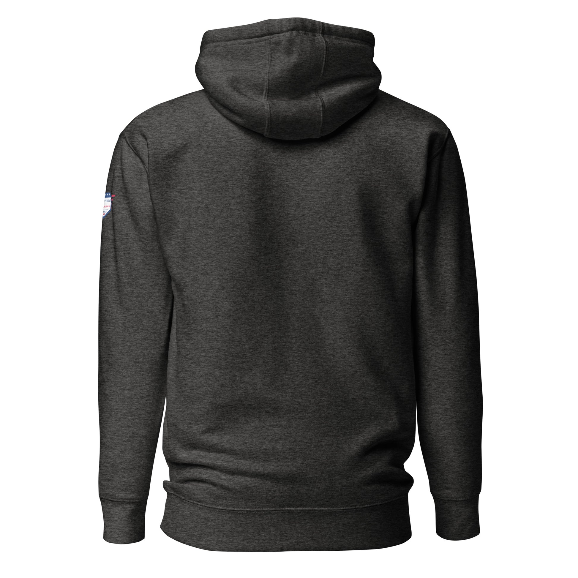 Back view of plain heather gray Detective unisex hoodie with small USA flag patch on shoulder