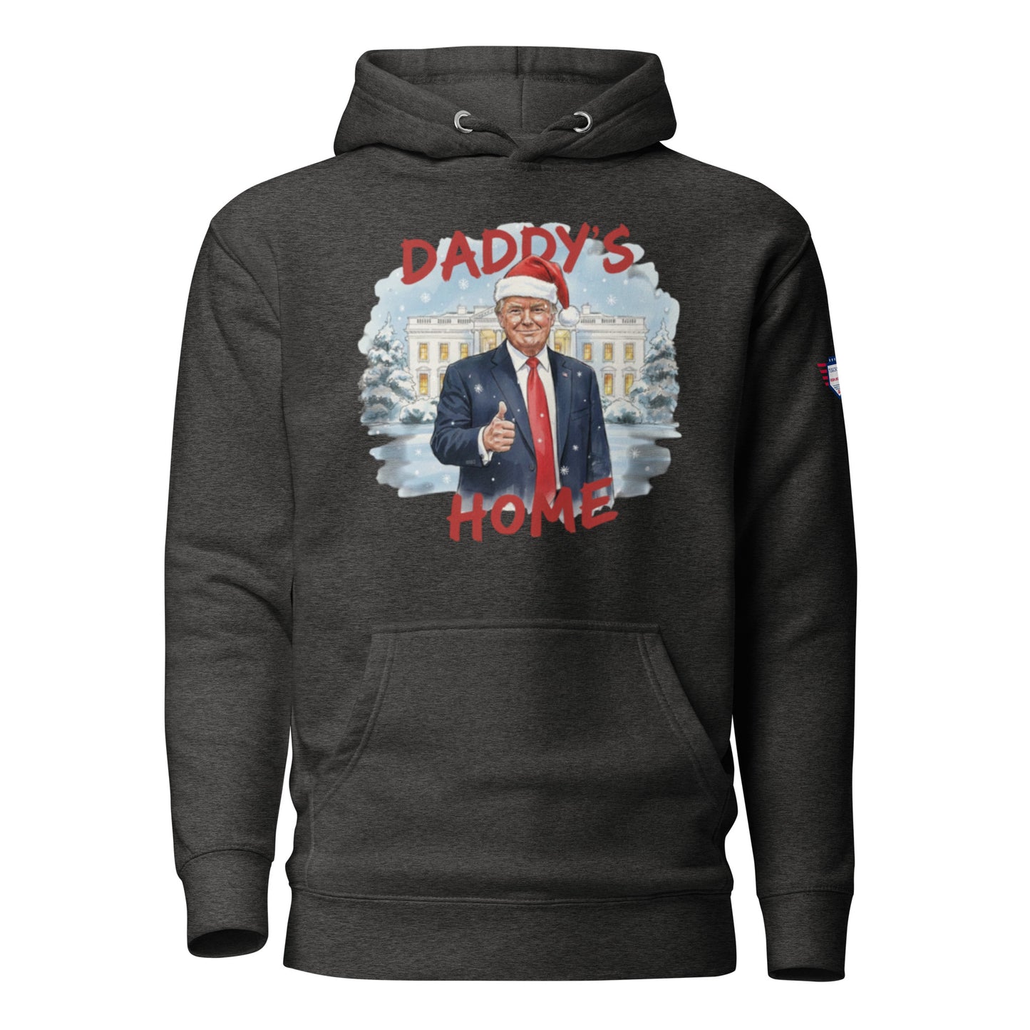 Front view of charcoal gray "Daddy’s Home" Trump Santa hoodie with White House scene