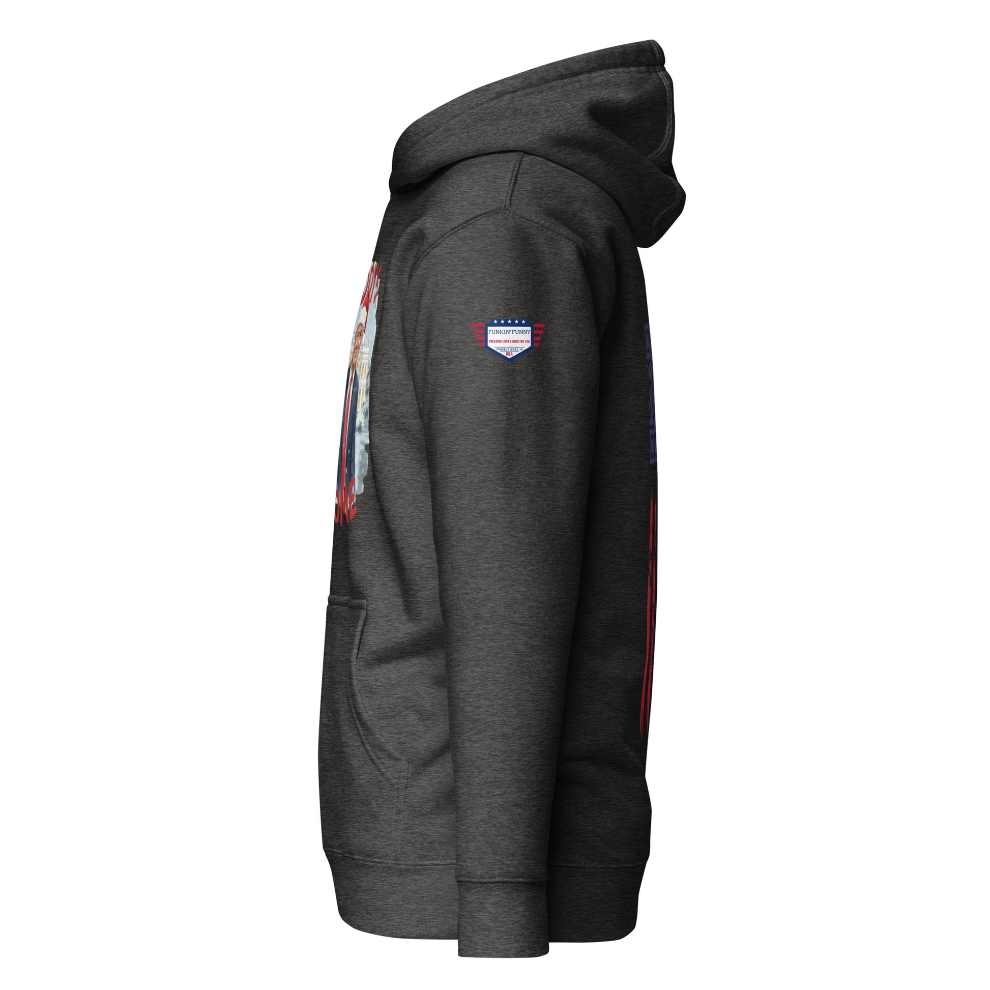Side view of charcoal hoodie with flag patch, pouch pocket, and design peek